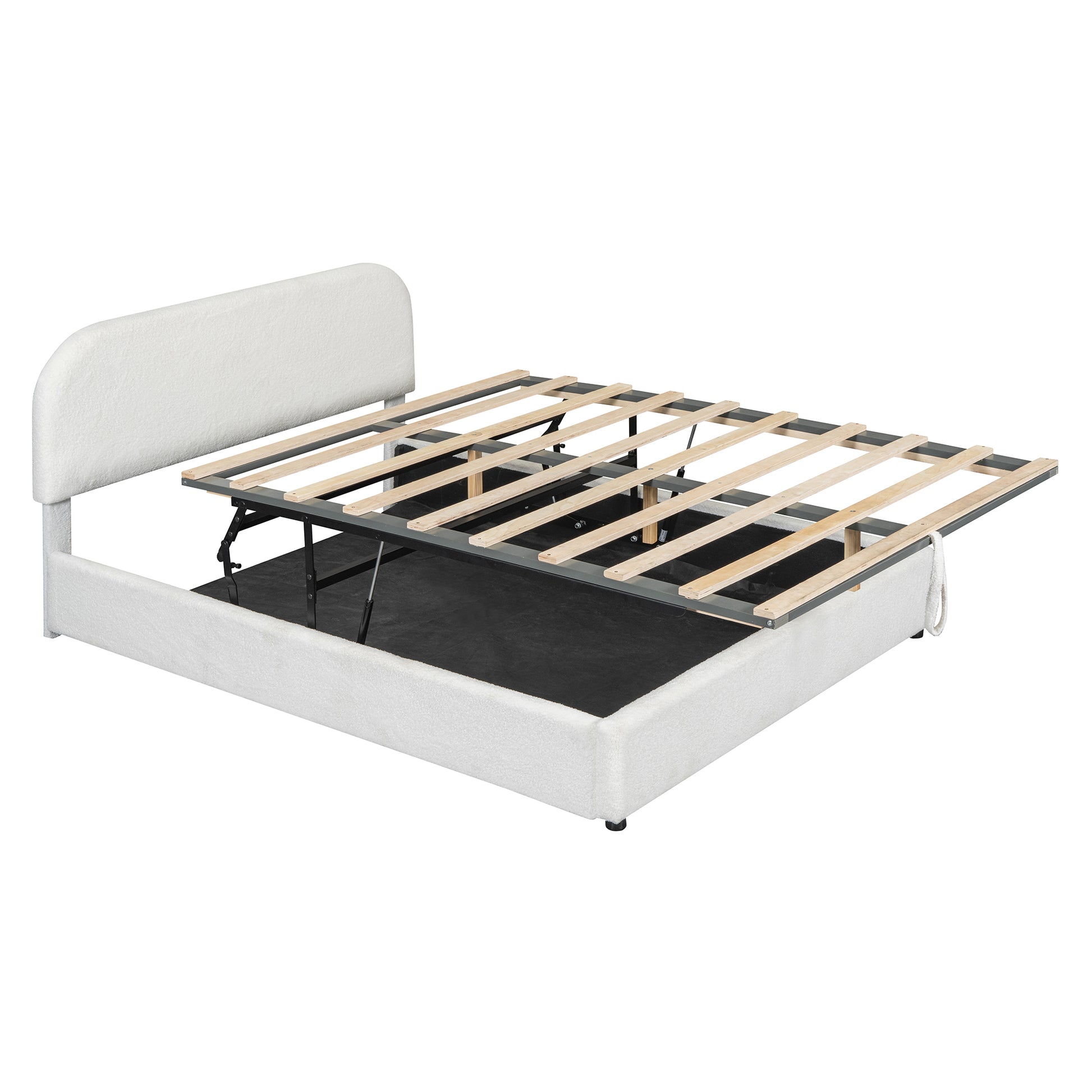 Teddy Fleece Queen Size Upholstered Platform Bed With Hydraulic Storage System, White Queen White Teddy