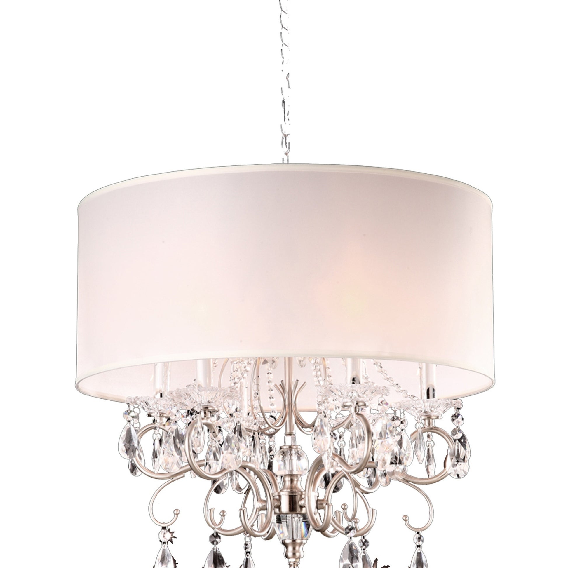 21" Tall Metal Chandelier With Silver Finish, White Shade With Crystal Accents Pink Metal