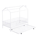 Twin Size Metal House Bed With Fence, With Trundle, White Twin White Metal