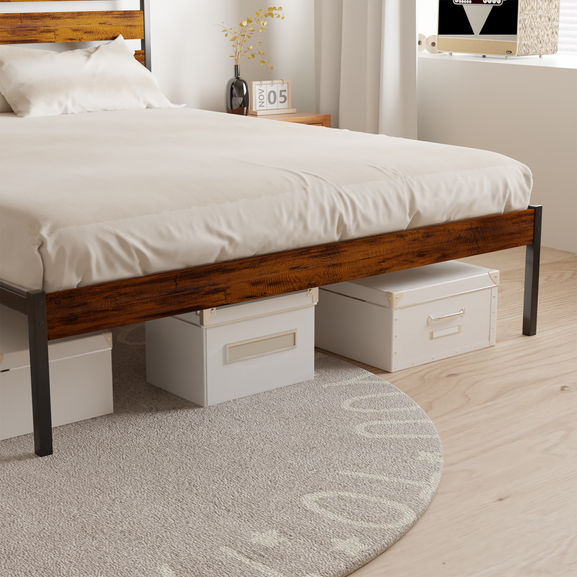 Iron Platform Bed Frame With Rustic Wood Headboard & Footboard Queen Size Brown Box Spring Required Queen Black,Brown Iron Brown Bedroom Minimalist,Modern Bed Frame Mdf Iron