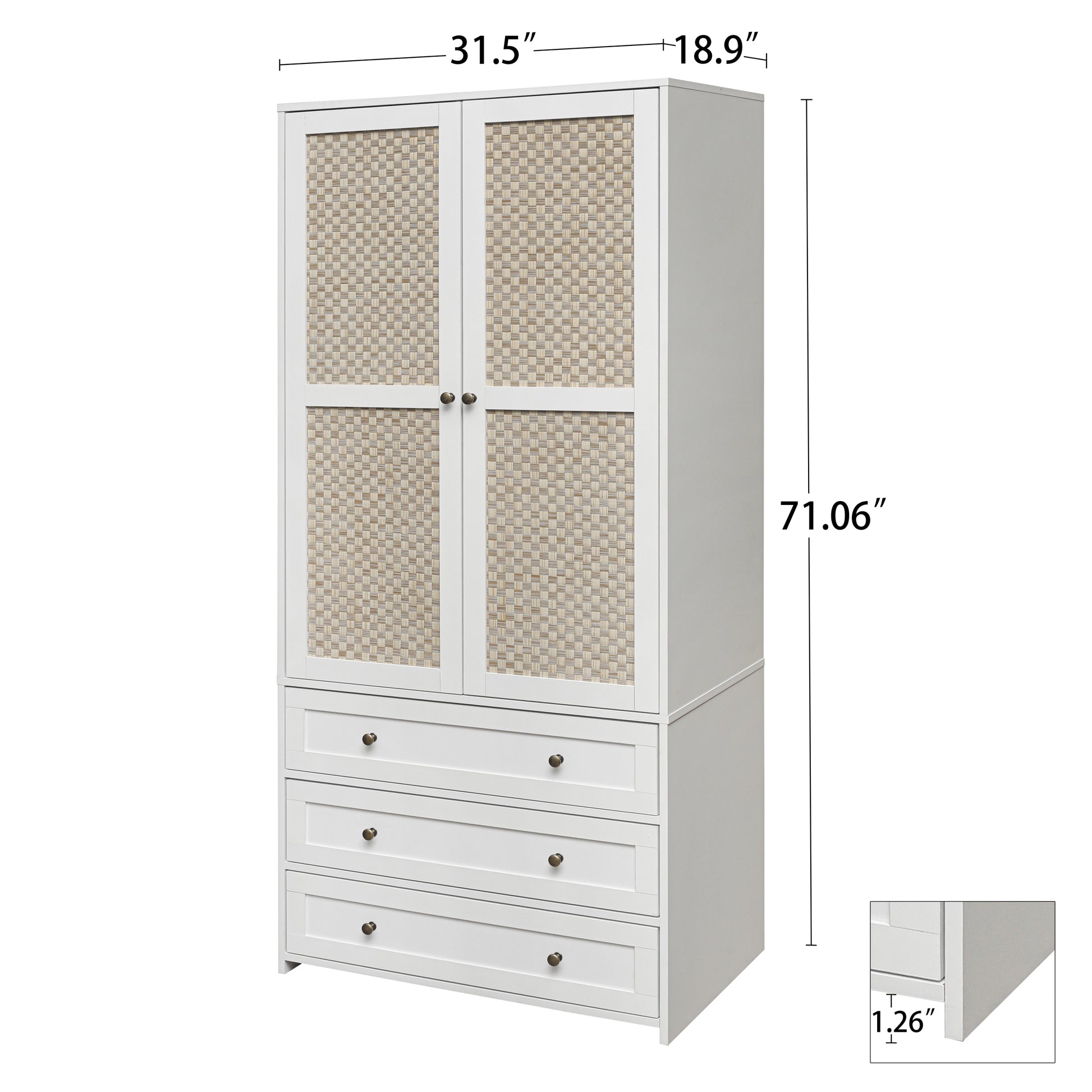 2 Door Wardrobe With 3 Drawers High Wardrobe Armoire With 2 Rattan Door For Living Room, Bedroom Organizer White Particle Board Mdf