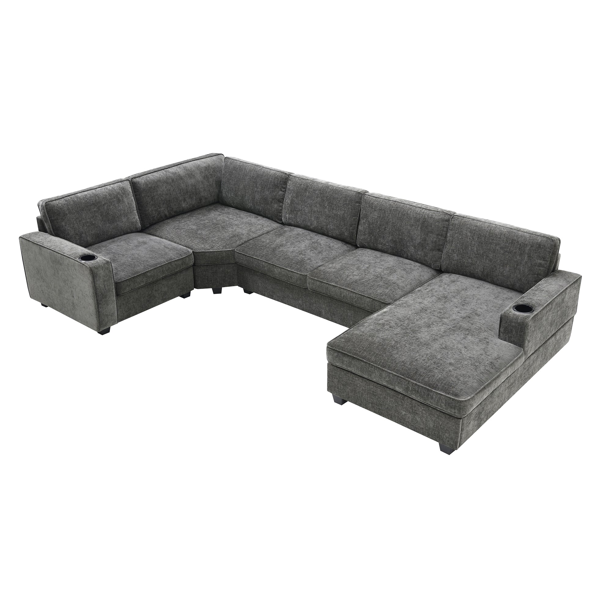 119*67" U Shaped Sectional Sofa,6 Seat Chenille Couch Set With Oversized Chaise Lounge,Irregular Corner,Deep Seat Comfy Sofa With Cup Holders For Living Room,Apartment,2 Colors Dark Gray Chenille 6