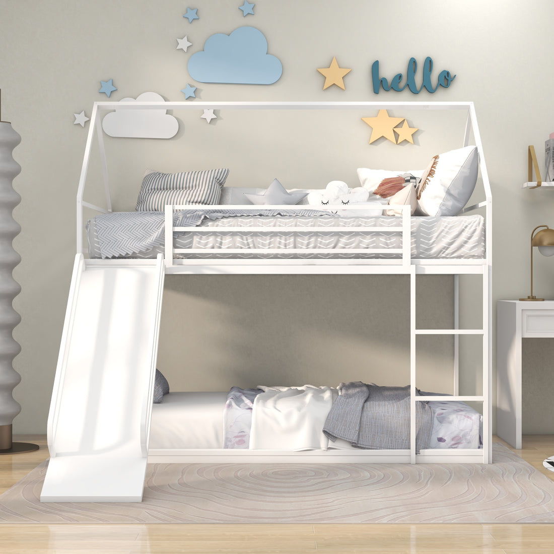 Twin Over Twin House Bed With Ladder And Slider Twin White Steel