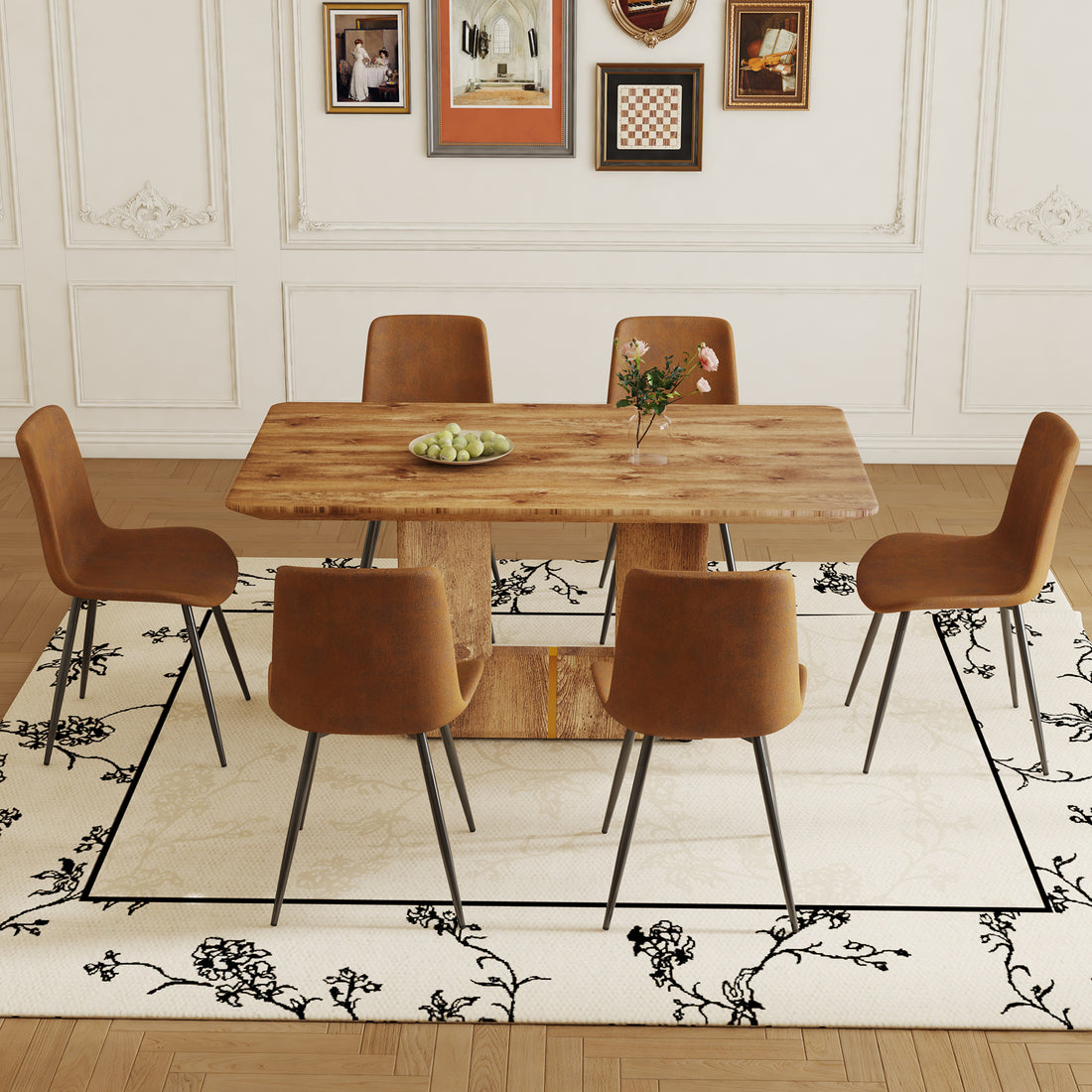 Table And Chair Set. Modern Dining Table With Mdf Top And Beautiful Mdf Legs. Comes With Brown Comfortable Chair With Seat And Metal Legs. Suitable For A Wide Range Of Decorative Styles. Brown,Wood Seats 6 Mdf