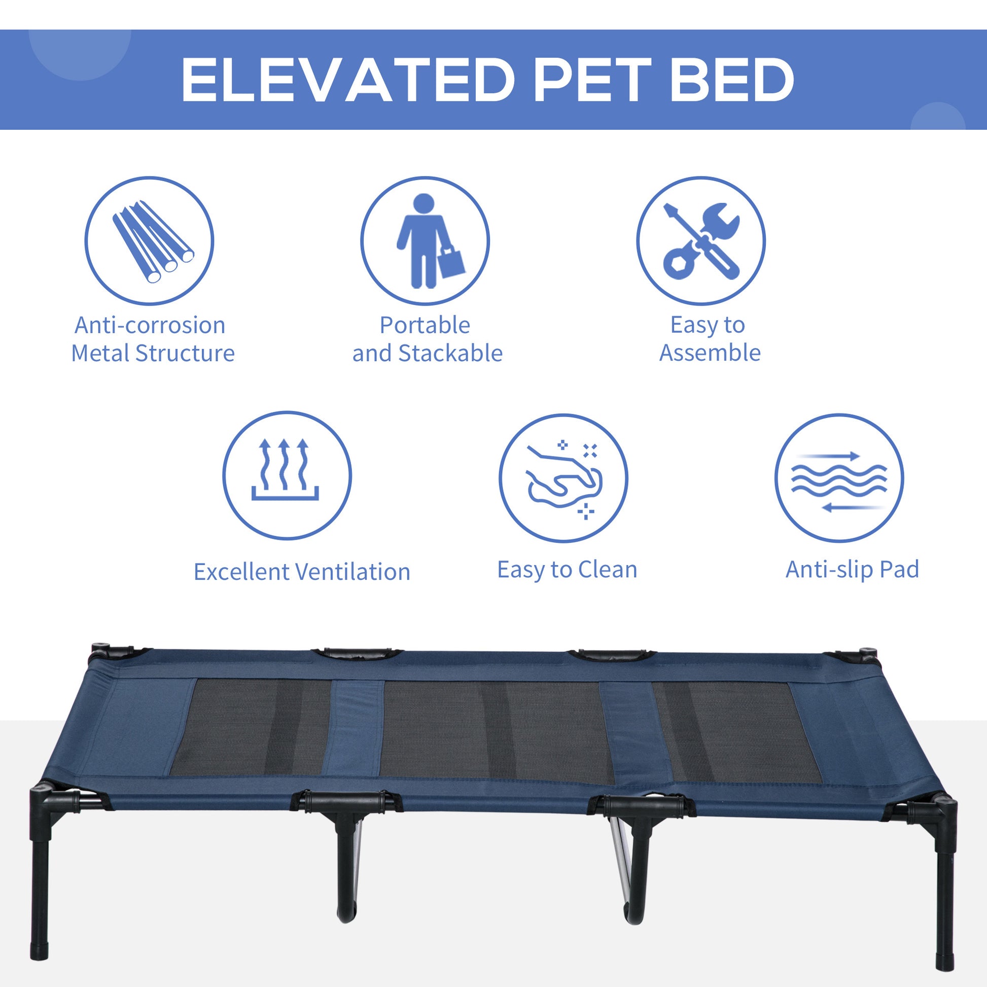 Pawhut 48" X 36"Elevated Dog Bed Portable Pet Cot, Raised Pet Bed W Carry Bag Metal Framemesh Indoor And Outdoor Dark Blue Dark Blue Metal