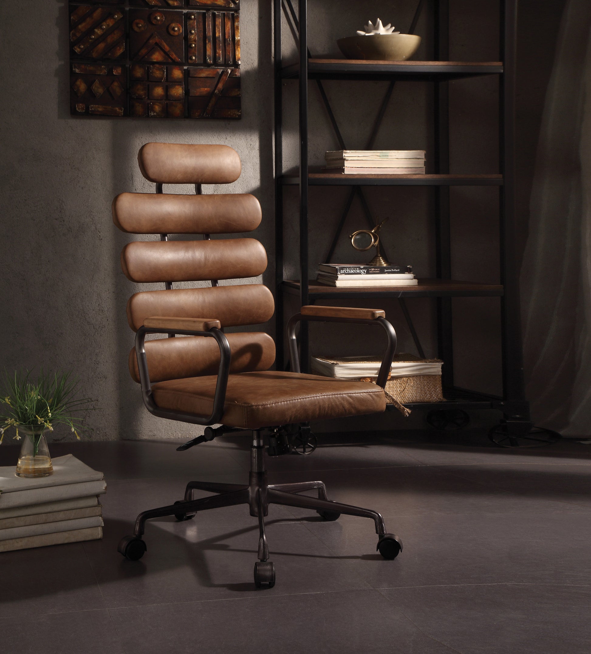 Retro Brown Swivel Office Chair With Pneumatic Lift Caster Wood Solid Brown Office Office Chairs Solid Back Swivel Genuine Leather