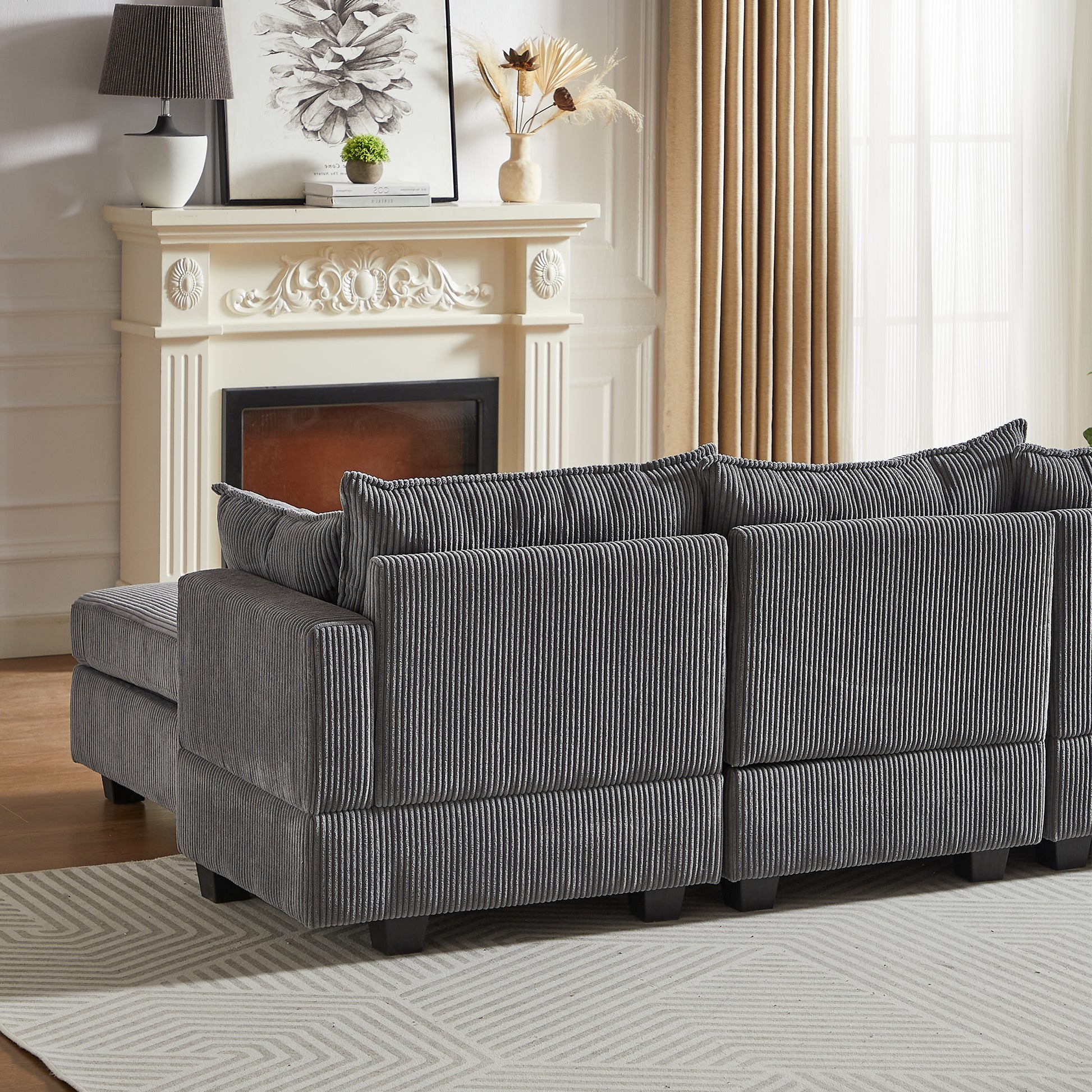 113.5'' Modular Sectiona Corduroy Sofa, Sectional Couches For Living Room U Shaped Sectional Couch With Storage Ottoman, 6 Seats Convertible Sectionals With Chaise Dark Gray Corduroy 6 Seat