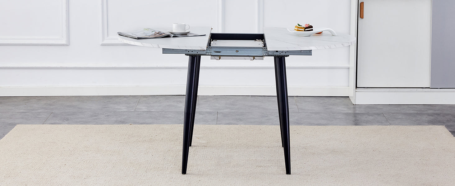 With A Clever Retractable Mechanism, The Mdf Table Top And Black Metal Legs And Has A Smooth And Delicate Surface. The Unique Look Creates The Sleekof A Modern Home. White Mdf Metal