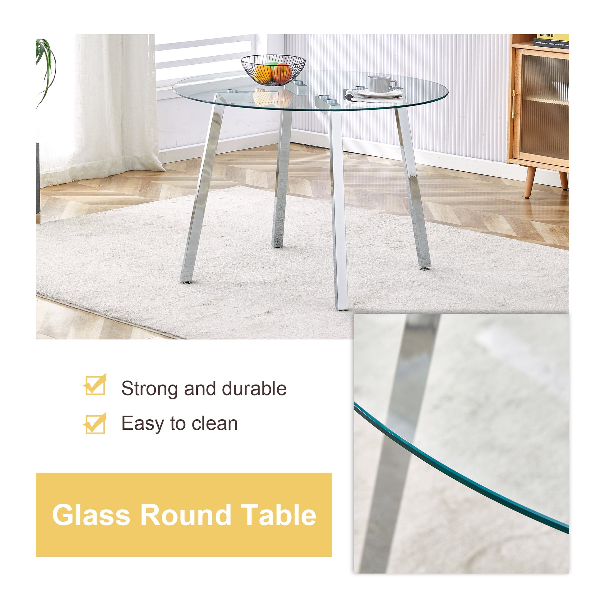 Table And Chair Set.A Modern Minimalist Style Round Clear Tempered Glass Table With Silver Metal Legs.Paried With 6 Chairs With Modern Pu Leather High Back Upholstered And C Tube Chrome Legs. Silver,White Seats 6 Glass Metal