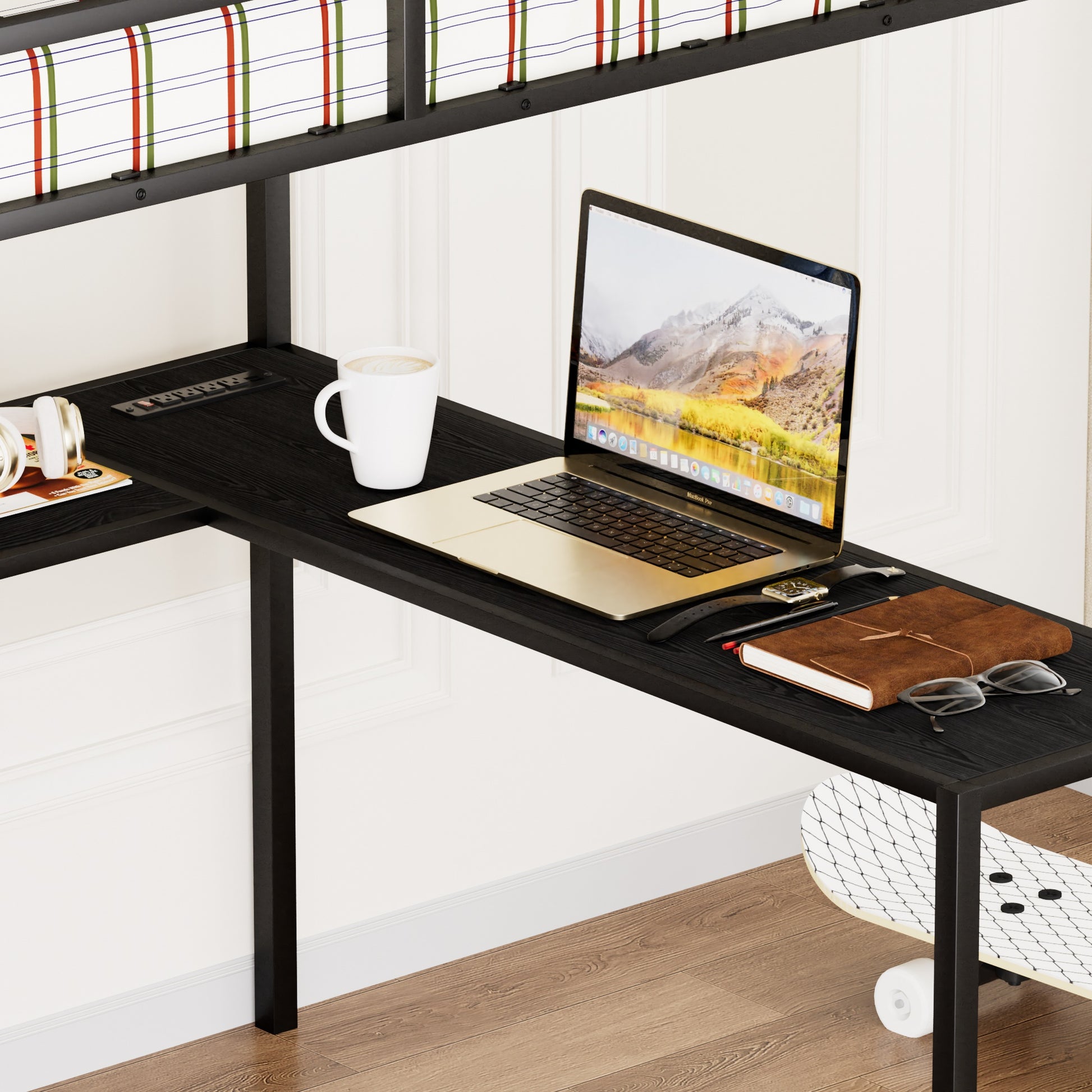 Full Size Metal Loft Bed With L Shaped Desk, Led Lights, Charging Cradle, Led Loft Bed Frame, Full Size Bed With One Cabinet Wardrobe And 2 Fabric Drawers, Safety Rails And Ladder, Black Black