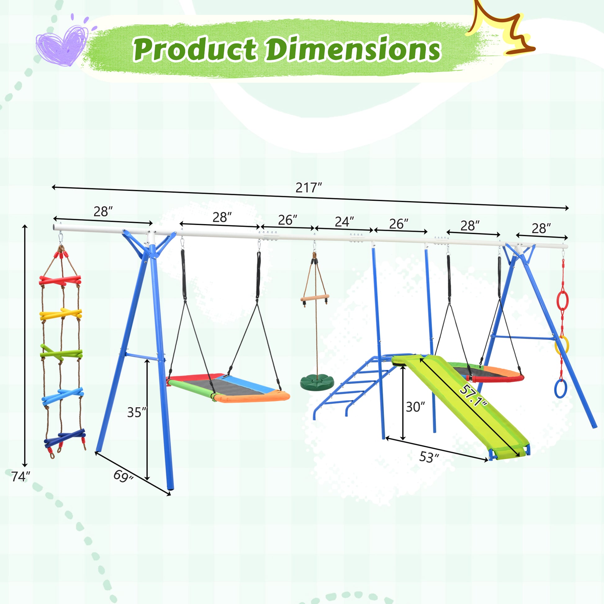 6 In 1 Swing Set For Kids, Toddle Outdoor Swing And Slide Set, Backyard Playground Playsets With Climbing Rope Ladder, Disc Swing, Monkey Bar Swing, Slide And Climbing, Saucer Swing, Swing Ring Blue