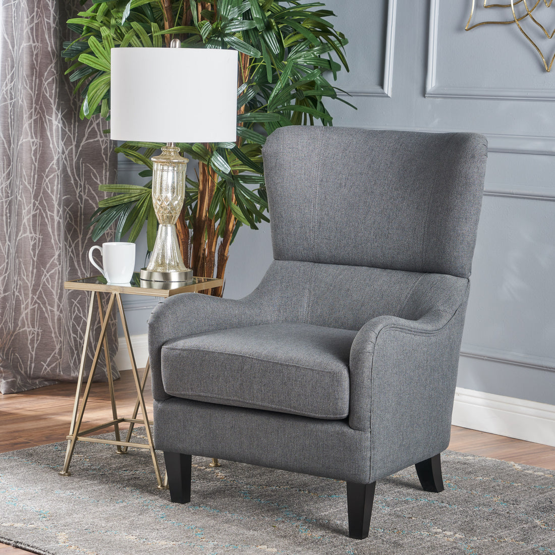 Modern Upholstered Armchair With Solid Leg, Leisure Single Sofa Chair For Living Room Bedroom Reading And Studio Charcoal Fabric