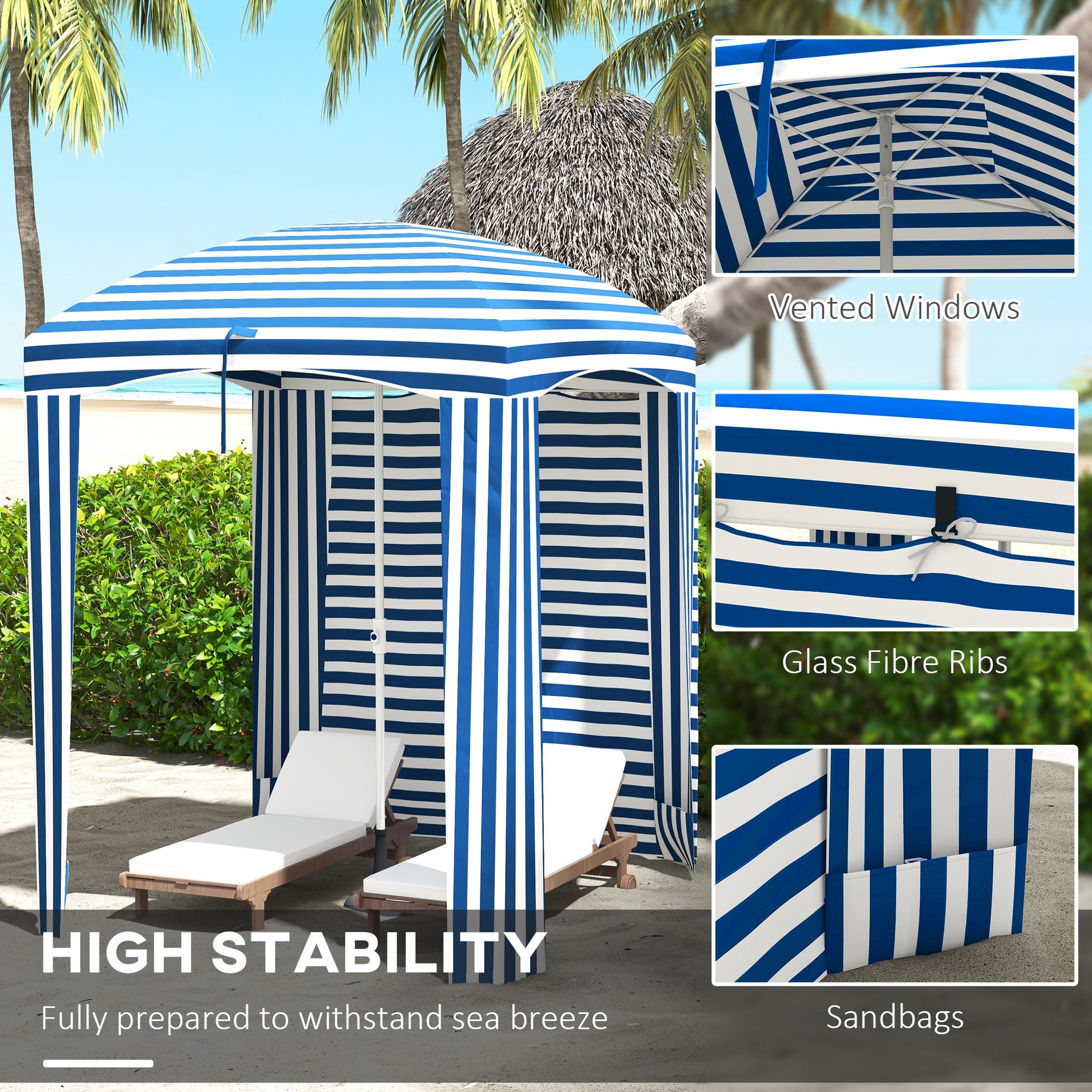 Outsunny 5.9' X 5.9' Portable Beach Umbrella, Ruffled Outdoor Cabana With Walls, Vents, Sandbags, Carry Bag, Blue & White Stripe Multicolor Polyester