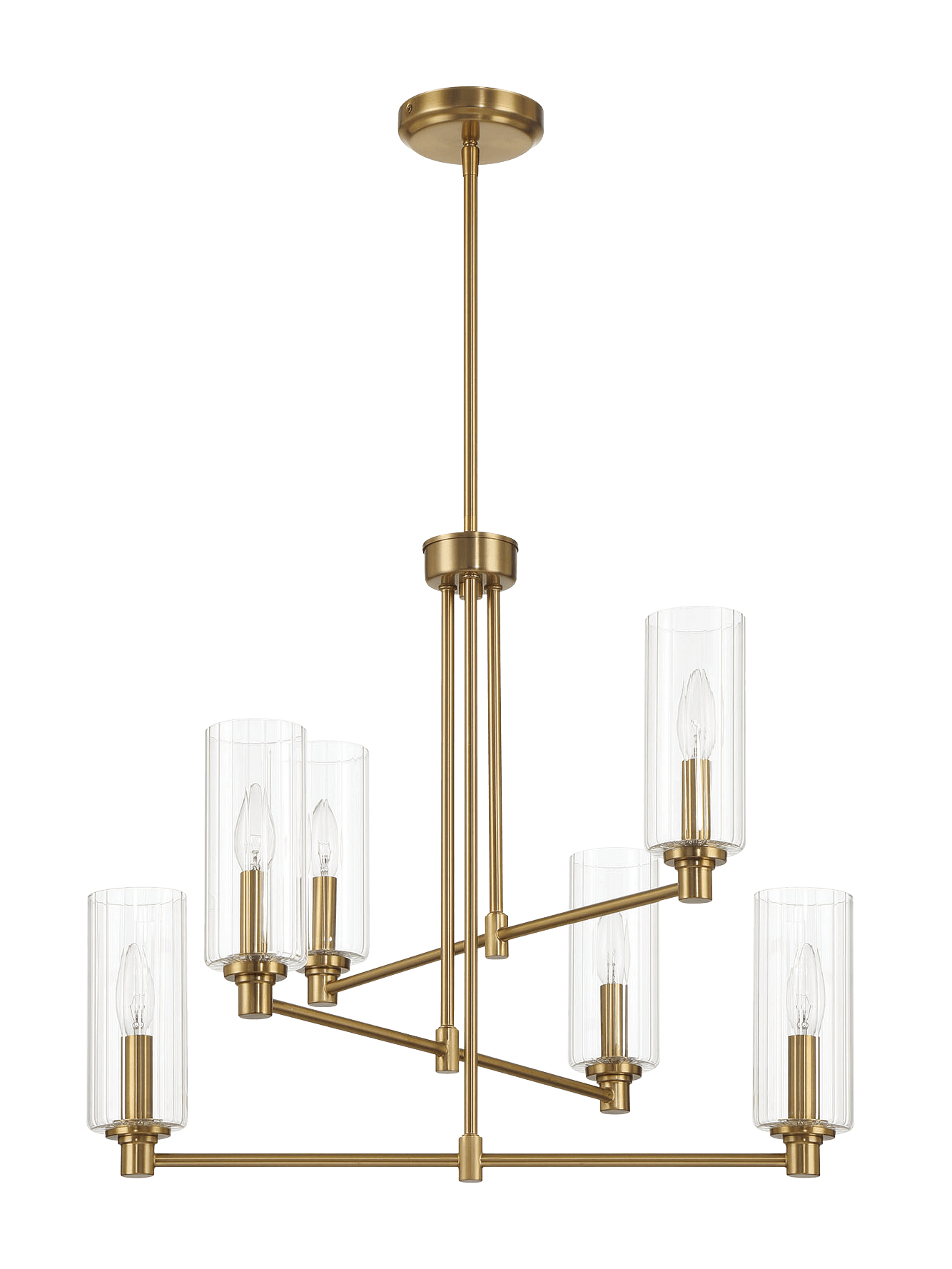 Timeless Six Lights Chandelier With Clear Ribbed Glass Satin Brass Antique Brass,Clear,Gold Ceiling Lights Brass,Glass