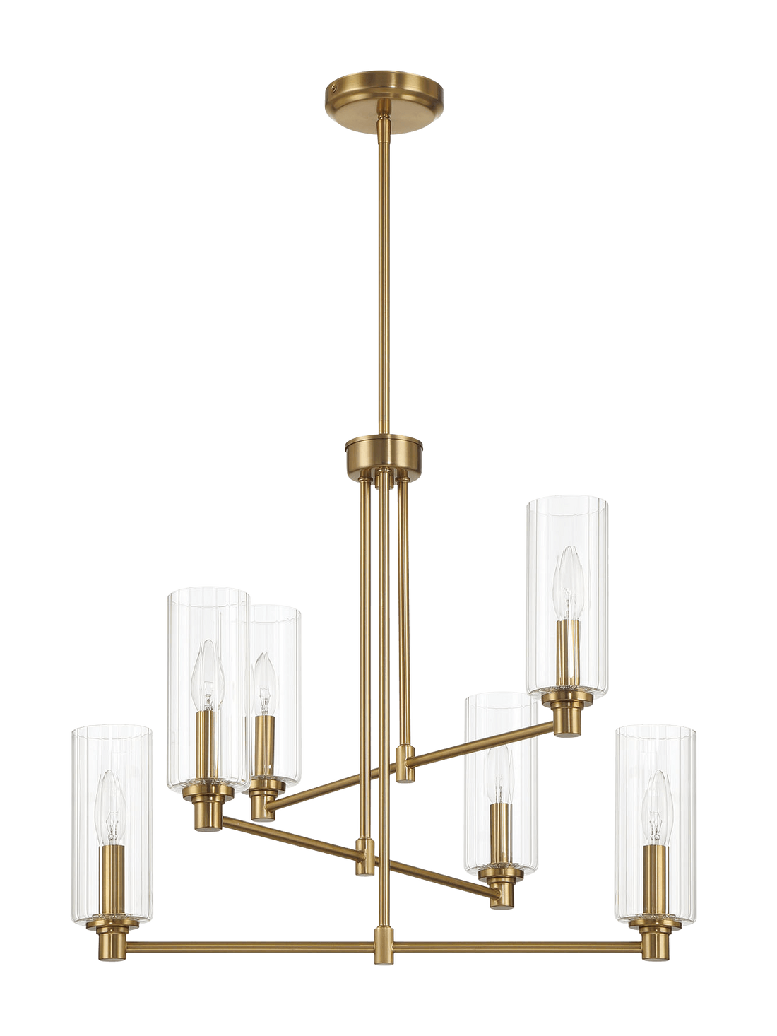 Timeless Six Lights Chandelier With Clear Ribbed Glass Satin Brass Antique Brass,Clear,Gold Ceiling Lights Brass,Glass