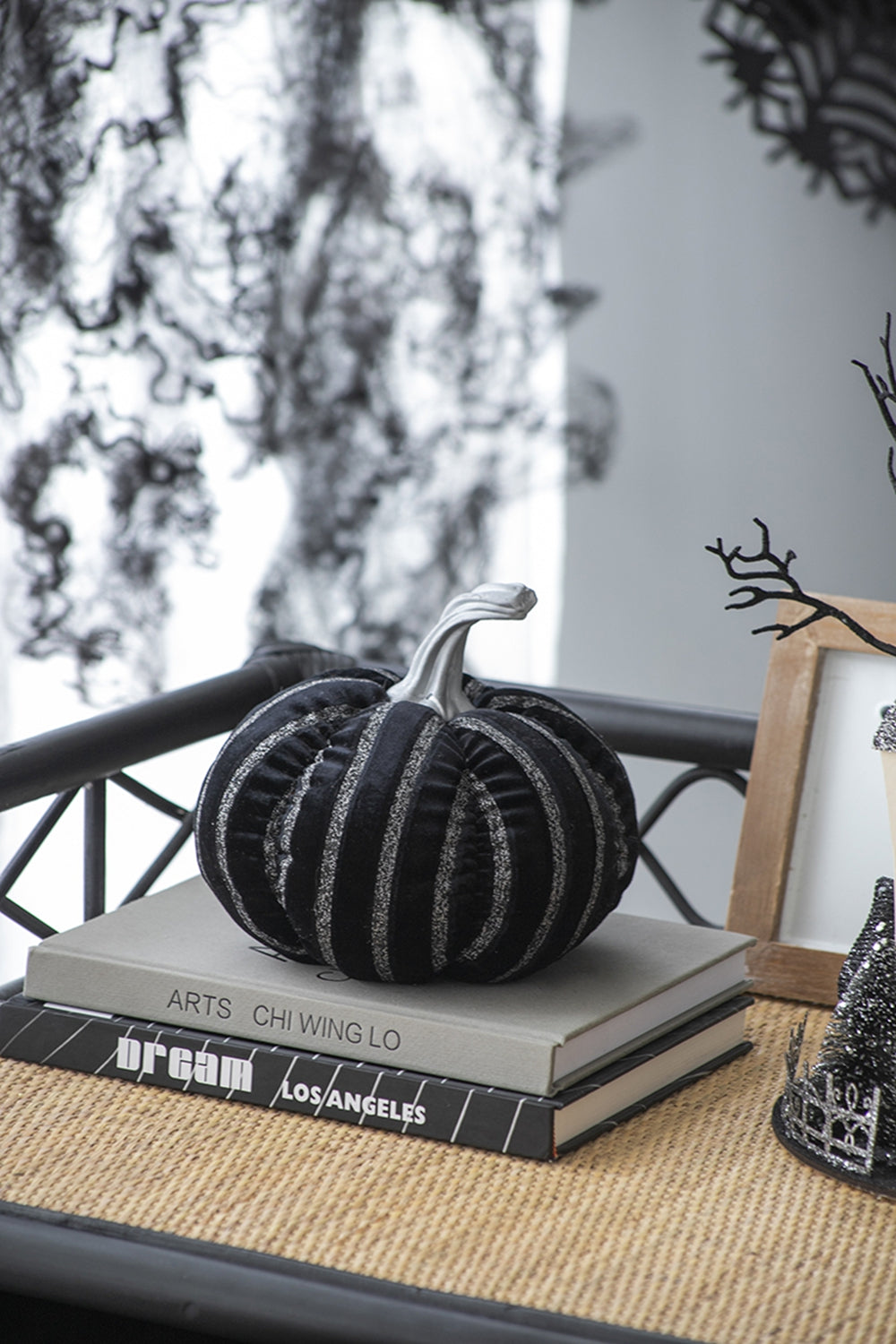 7X7X7" Fabric Black Stripe Pumpkin Decor, For Holiday Halloween Decoration Black,White Polyester