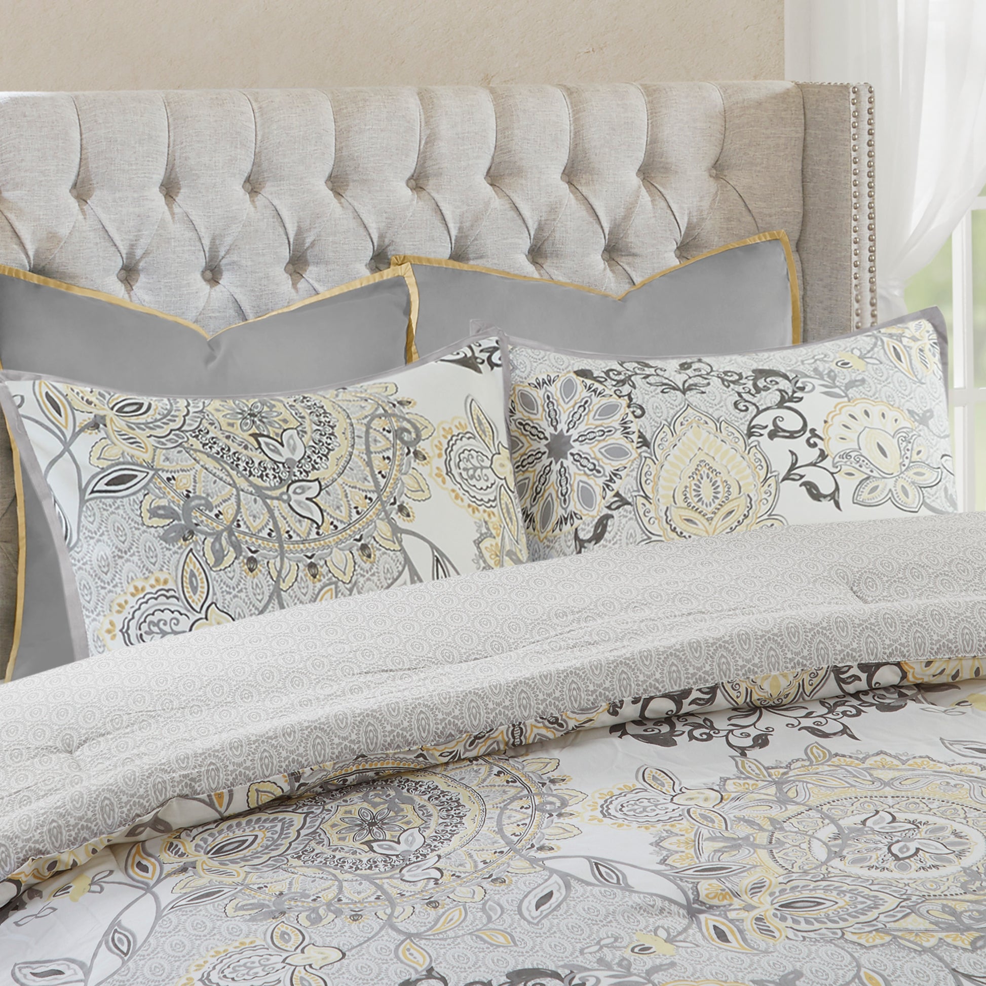 8 Piece Cotton Floral Printed Reversible Comforter Set Yellow Queen Queen Yellow Cotton