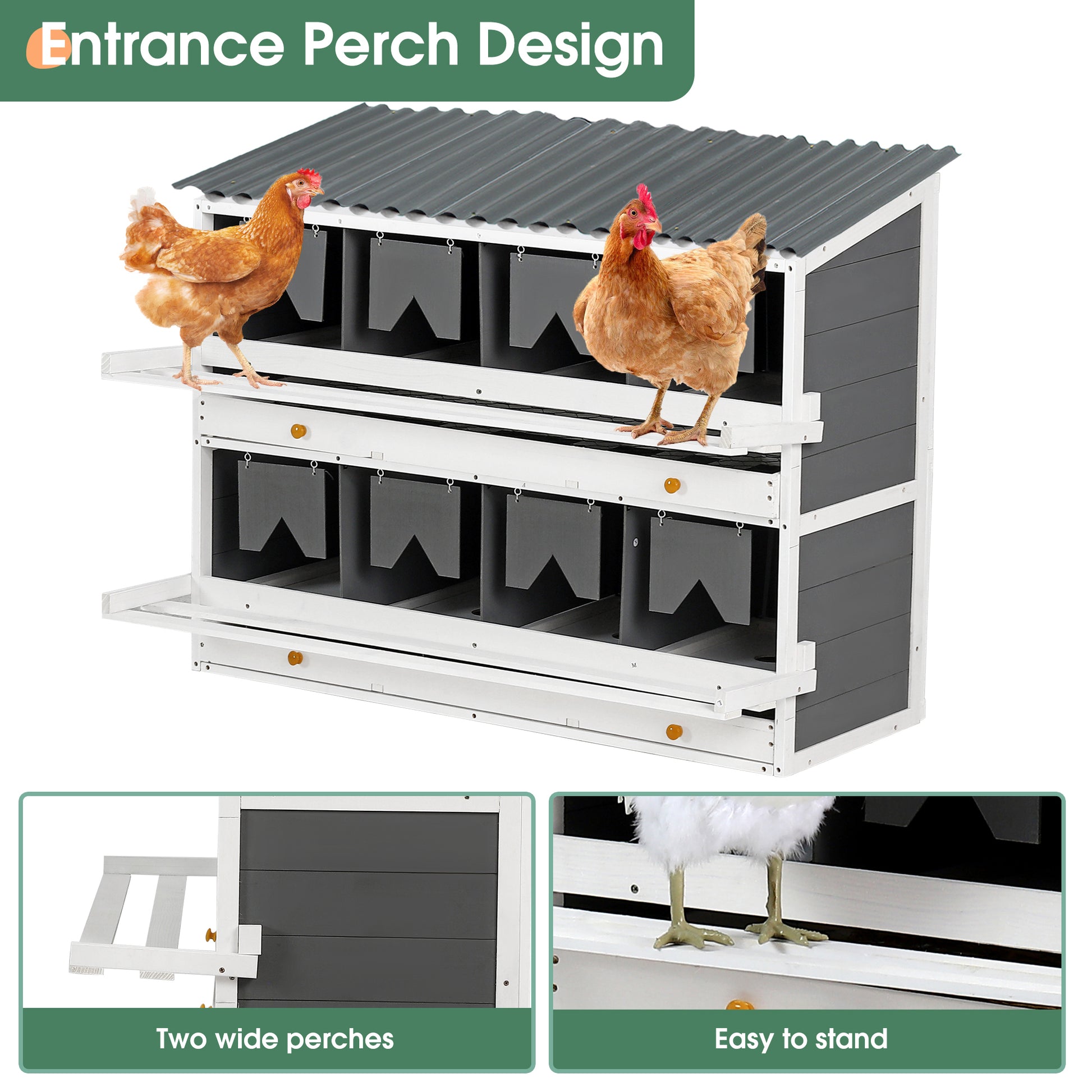 Nesting Boxes For Chickens, Wooden Chicken Nesting Box, 8 Compartments Egg Laying Boxes For Hens, Ducks And Poultry With Rollout Eggs Collection, Pvc Roofing And Foldable Perches, 47"Lx26.4"Wx35.4"H White Gray Solid Wood