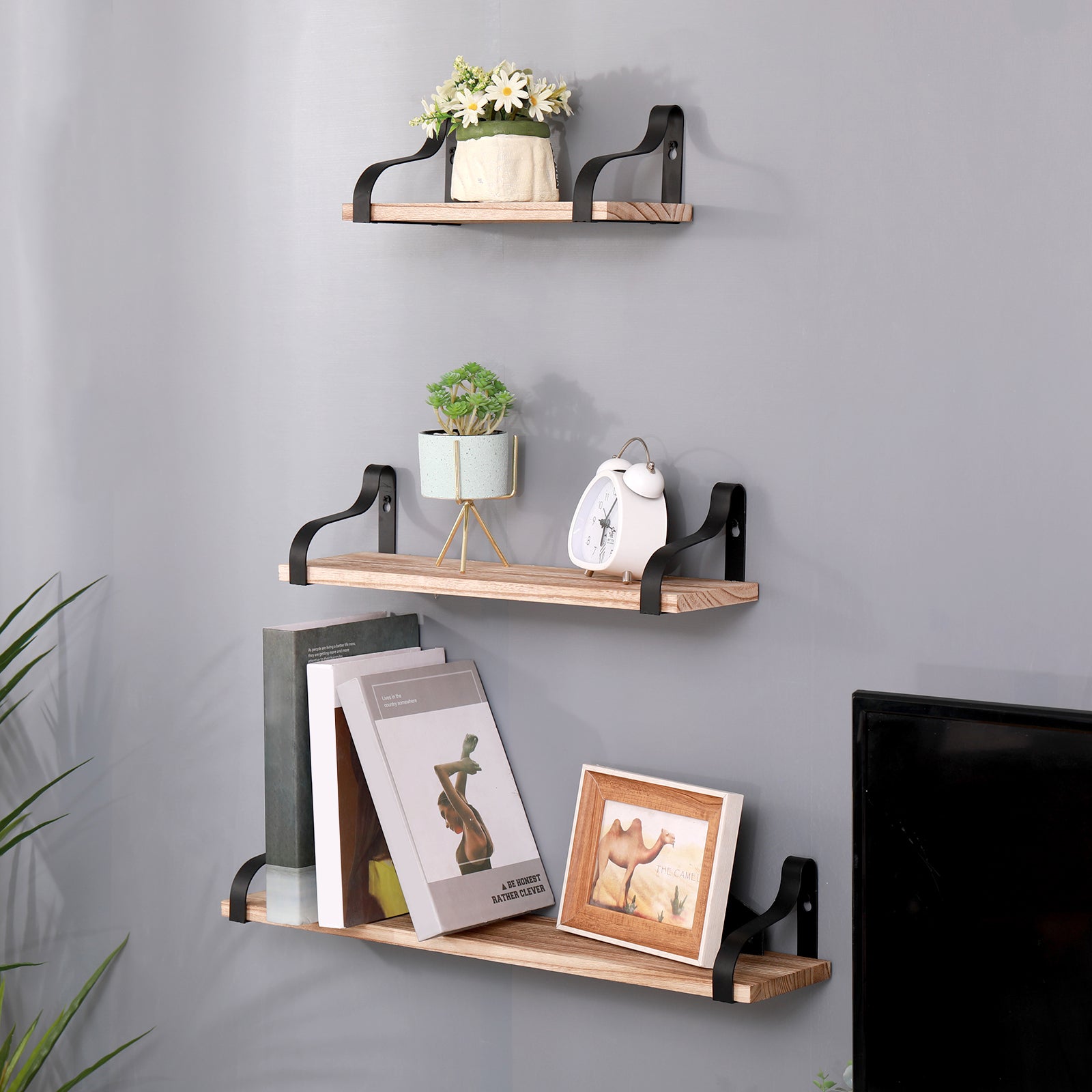 Floating Shelves, Long Wall Shelves Set Of 3, Wall Mounted Shelves With Brackets For Bedroom, Living Room, Kitchen, Bathroom Natural Wood Natural Wood Metal & Wood