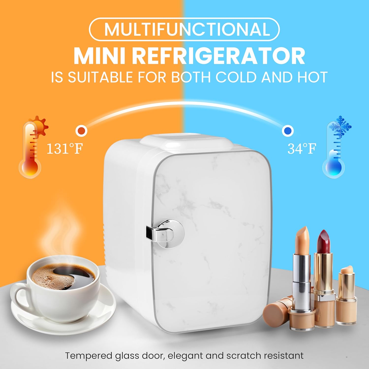 Mini 4L 6 Can, Small Refrigerator For Bedroom, Office, Dorm And Car Portable Cooler & Warmer Compact Fridge For Beverage, Skincare And Food, Marble White Marble Plastic