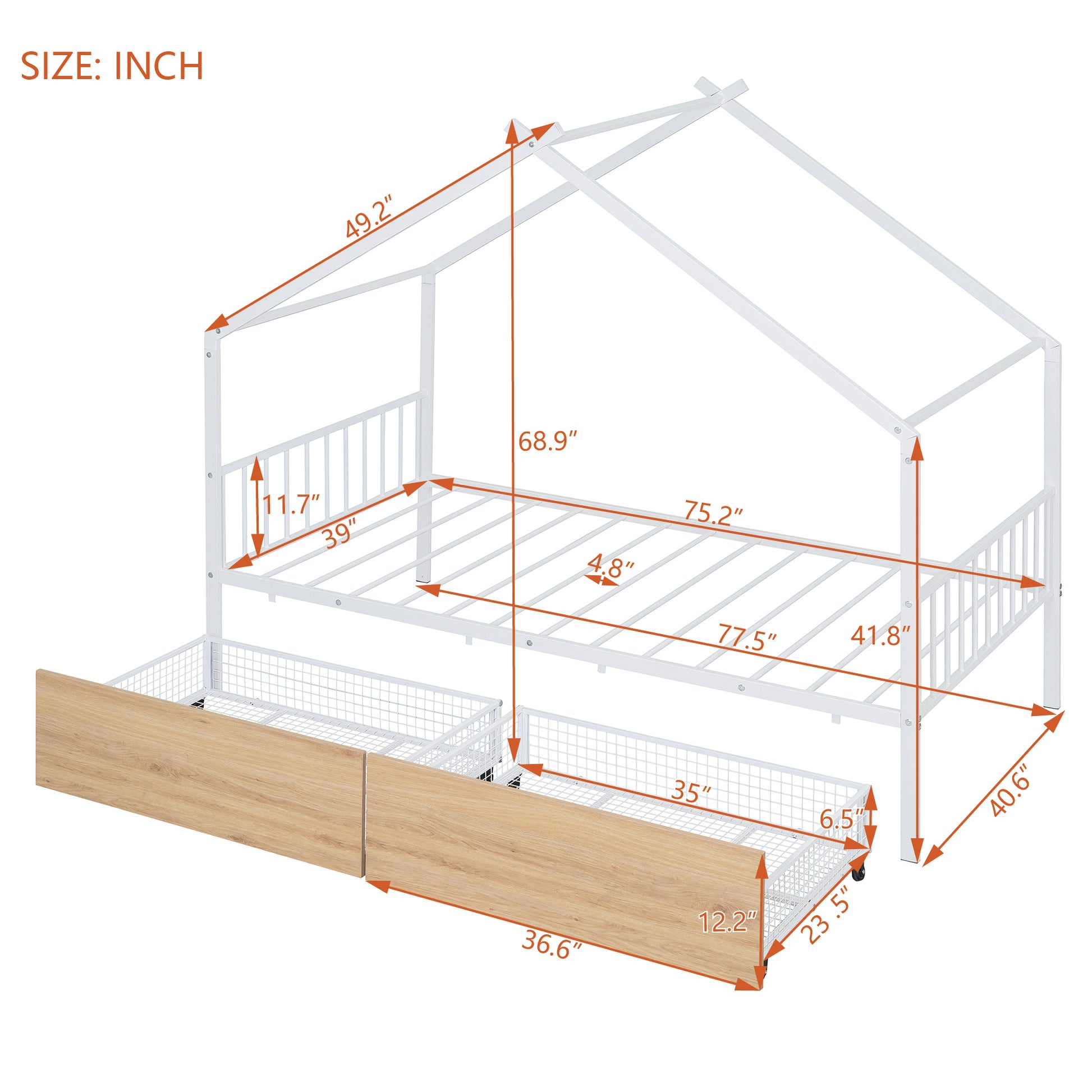 Twin Size Metal House Bed With Two Drawers, White Twin White Metal