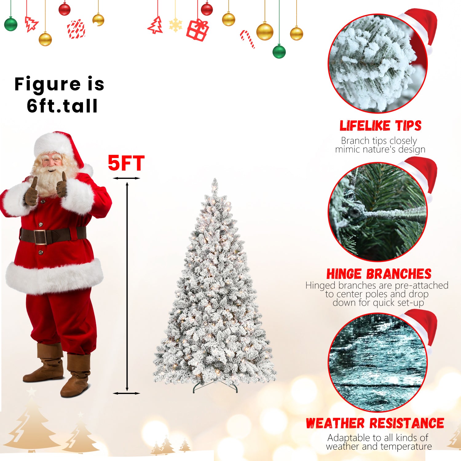 7.5Ft Snow Flocked Artificial Christmas Tree With Pine Cones, Prelit Xmas Trees, Hinged Easy Assembly & Reinforced Metal Base Ideal For Indoor & Outdoor Festive Decorations White Polyethylene