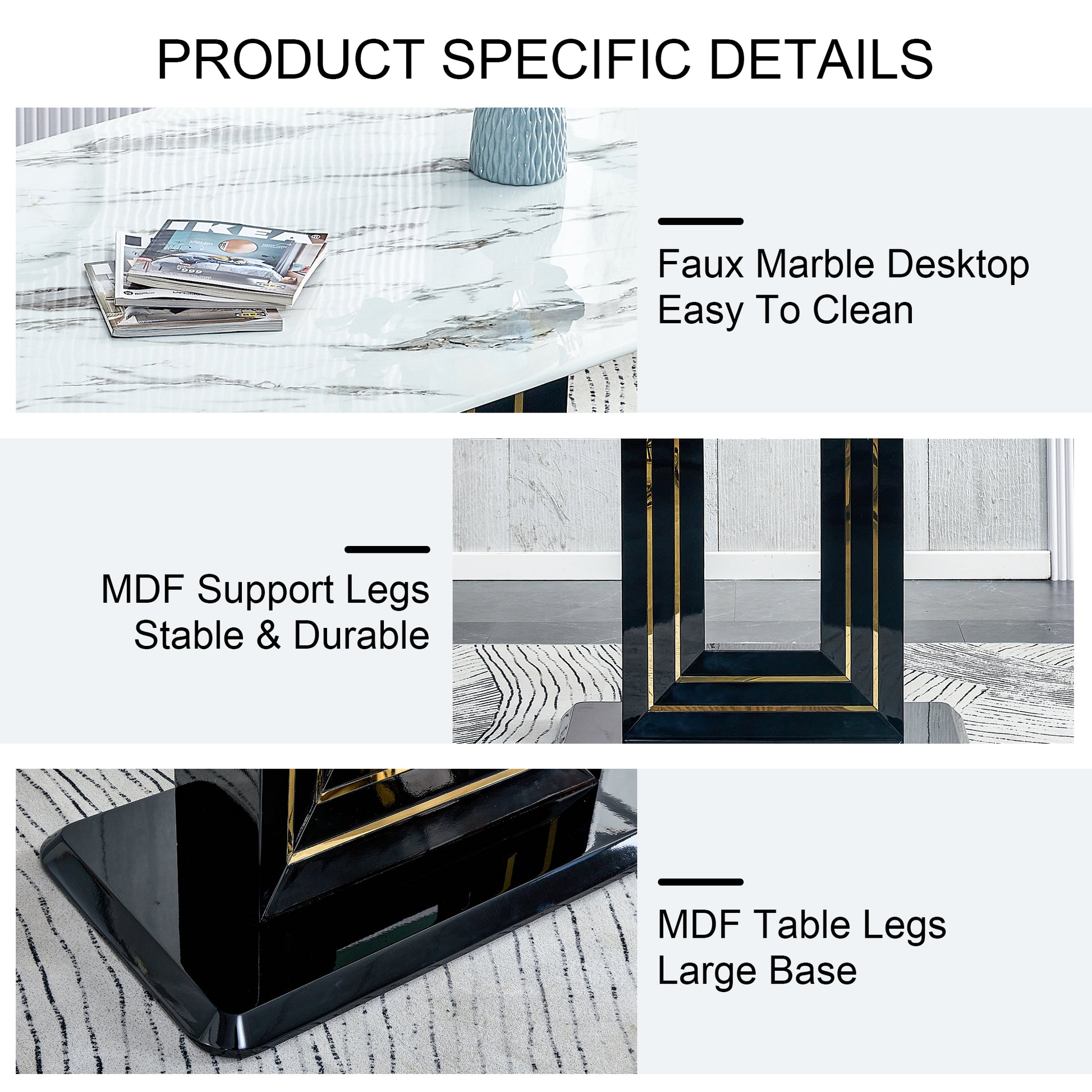 63" Dining Table, Luxurious Dining Room Table With Faux Marble Top And U Shape Mdf Base, Modern Kitchen Dining Table For Kitchen Living Dining Room White Black Seats 6 Dining Room Luxury,Modern Mdf Glass