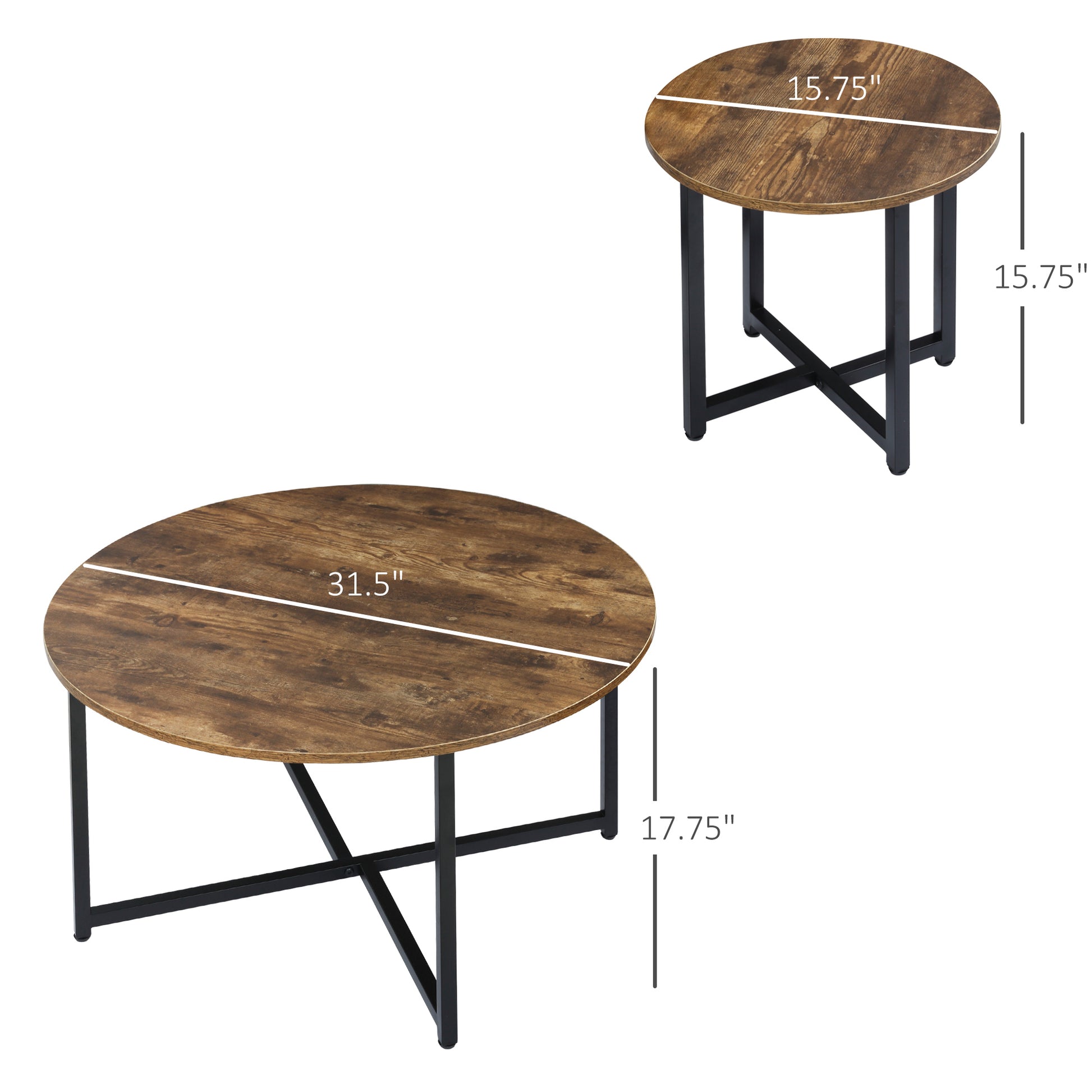 Homcom Round Coffee Table Set Of 2, Industrial Living Room Tables With Metal Frame, Circle Coffee Tables For Living Room, Rustic Brown Rustic Brown Mdf