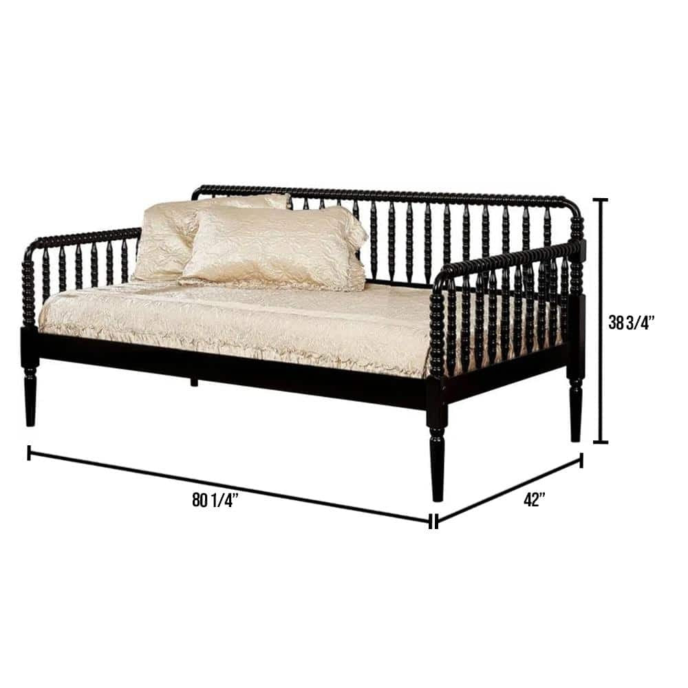 Black Wooden Twin Day Bed Unique Design Railing Headboard Platform Bed 1Pc Day Bed W Trundle Twin Black Wood Bedroom Antique,Classic,Traditional Solid Wood