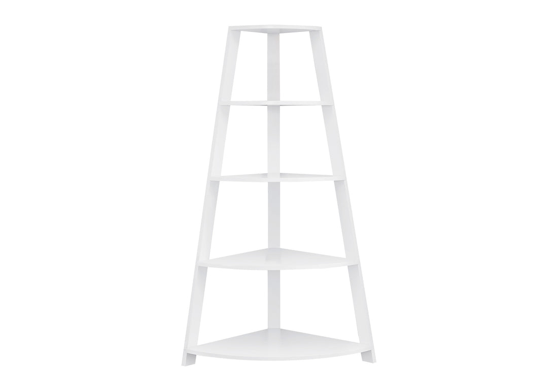 Bookshelf, Bookcase, Etagere, Corner, 4 Tier, 60"H, Office, Bedroom, White Laminate, Contemporary, Modern White Particle Board