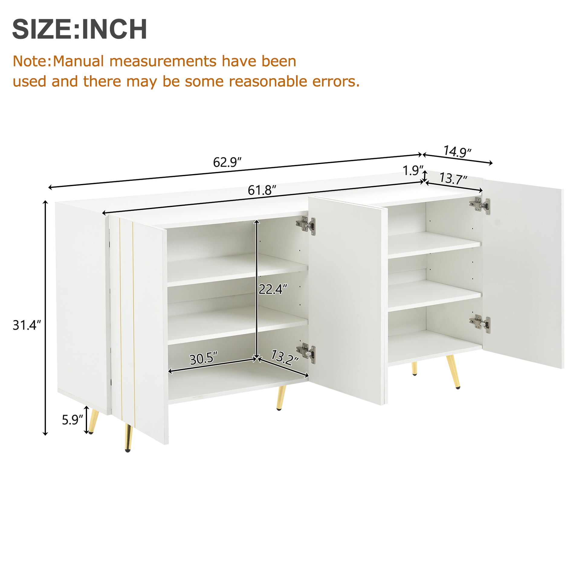 Luxurious Shoe Cabinet With 5 Metal Legs, Modern Tv Stand With 4 Adjustable Shelves For Tvs Up To 70", Minimalist Sideboard Cabinet With Gold Lines Doors For Living Room,62.9"X 31.4",White White