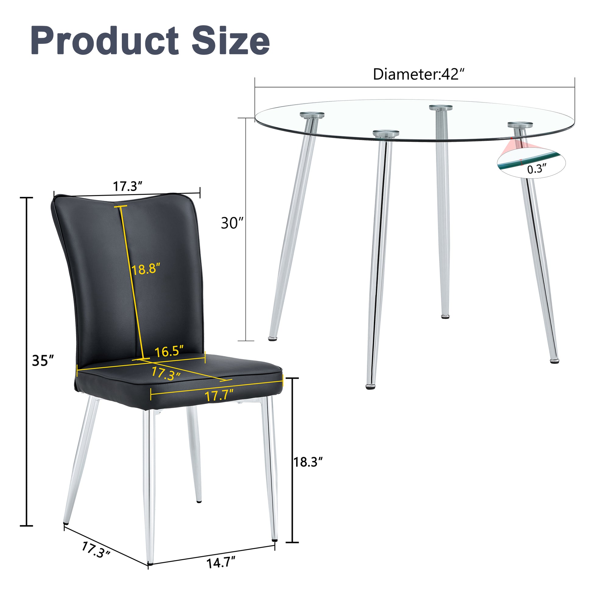 Table And Chair Set.A Modern Minimalist Round Dining Table With Transparent Tempered Glass Top And Silver Metal Legs,Paried With 6 Chairs With Pu Backrest And Seat Cushion And Silver Metal Legs. Black,Transparent Seats 6 Glass Metal