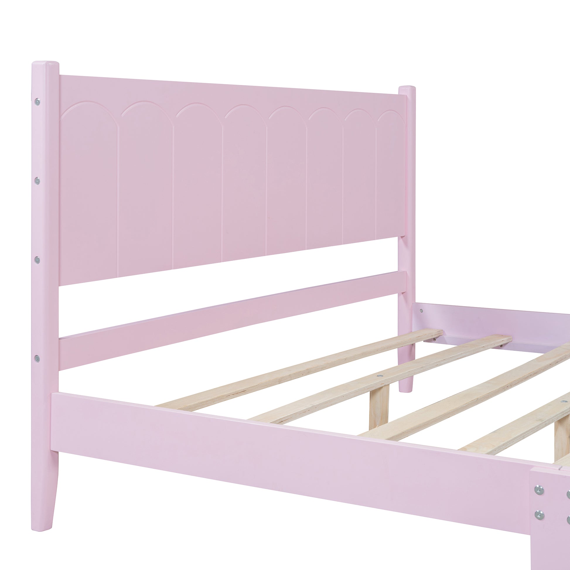 Queen Size Wood Platform Bed Frame, Retro Style Bed With Rectangular Headboard,No Need Box Spring,Pink Queen Pink Wood