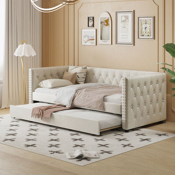 Twin Size Tufted Upholstered Daybed With Trundle, Velvet Sofabed With Rivet Design, No Box Spring Needed,Beige Twin Beige Velvet