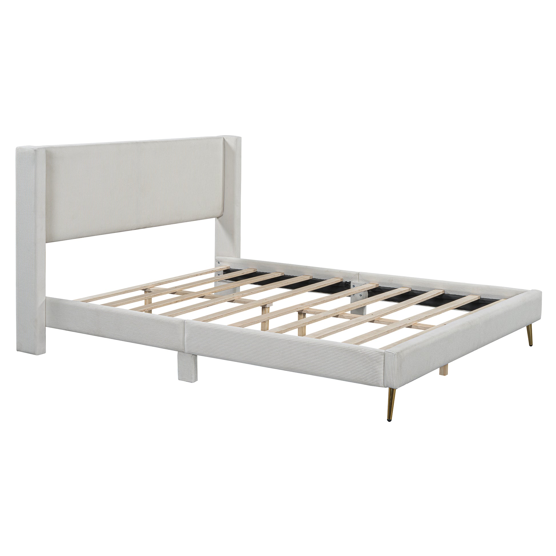 Queen Size Corduroy Platform Bed With Metal Legs, Beige Old Sku:Wf300238Aaa Queen Beige Corduroy