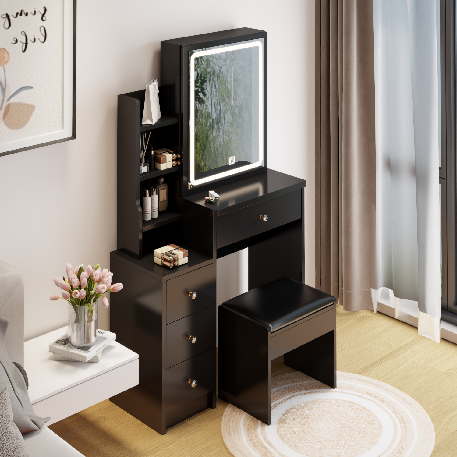 Small Space Left Bedside Cabinet Vanity Table Cushioned Stool, Extra Large Touch Control Sliding Led Mirror, Tri Color Switching, Brightness Adjustable, Suitable For Girls No More Than 5.6Ft Tall Black American Design Mdf