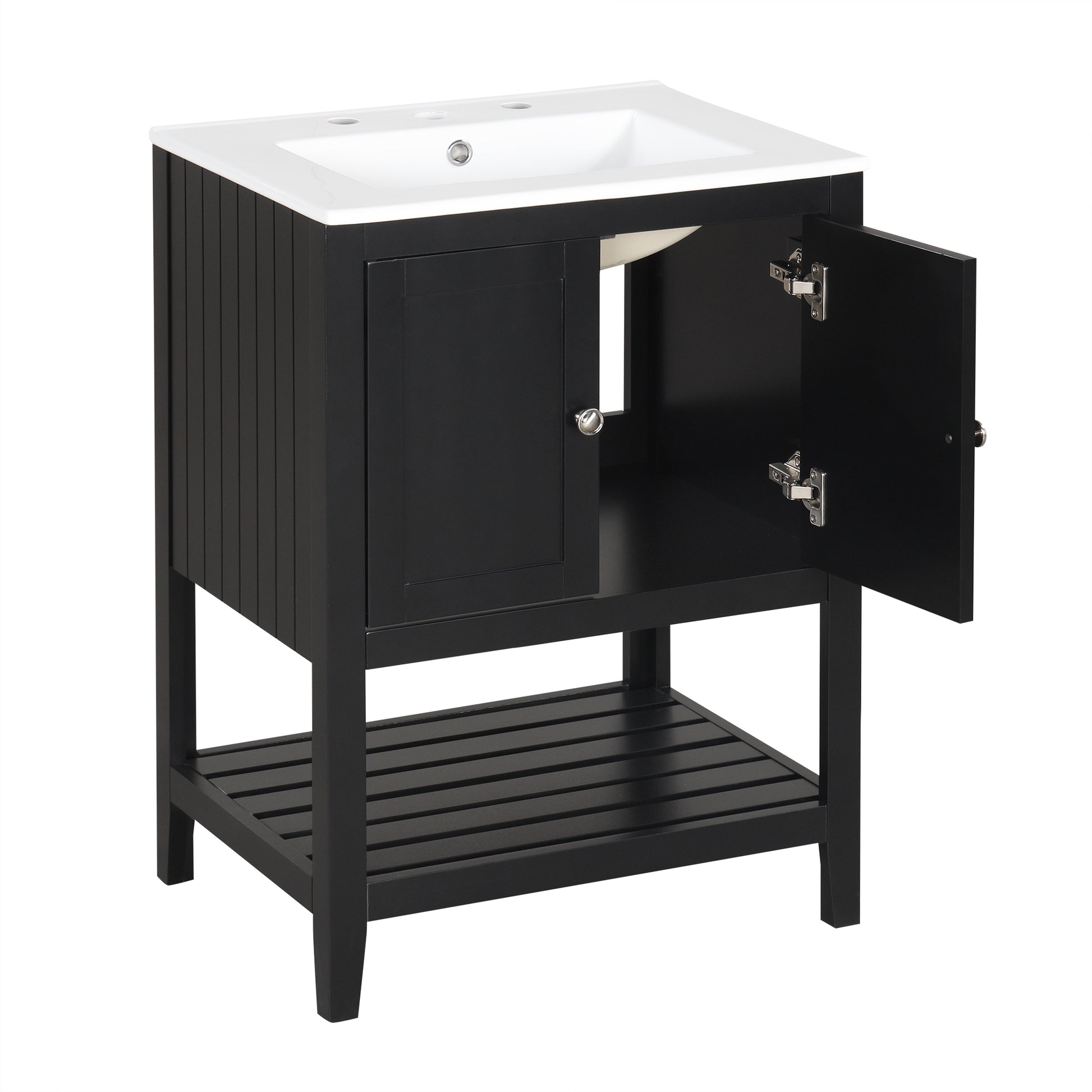 Video 24" Black Modern Sleek Bathroom Vanity Elegant Ceramic Sink With Solid Wood Frame Open Style Shelf Black Solid Wood Mdf