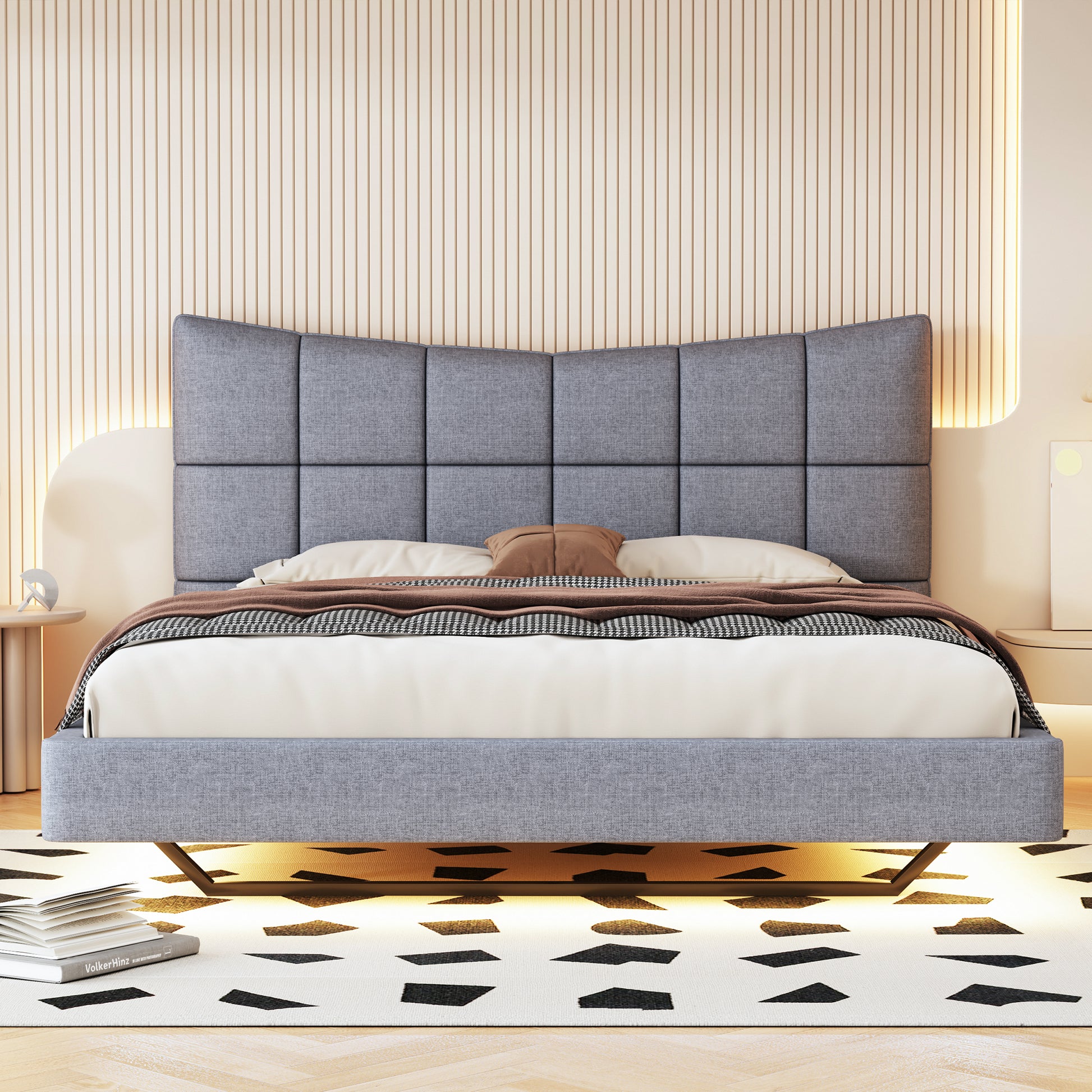 Full Size Upholstered Platform Bed With Led Lights,Usb Ports And Outlets,Linen Fabric,Gray Full Gray Wood Metal