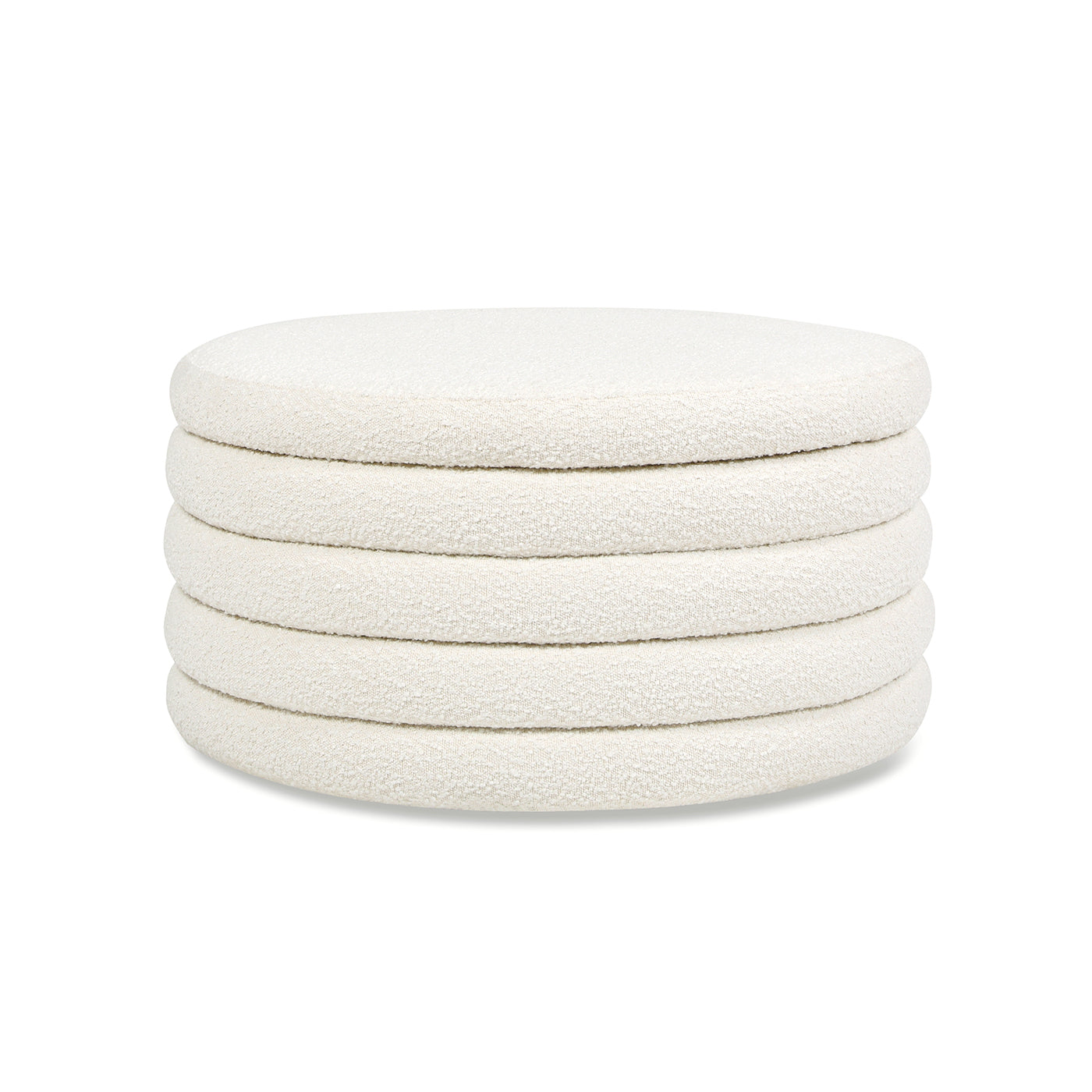 Fuji 36" Round Upholstered Storage Cocktail Ottoman, Ivory White Boucle White Foam Boucle