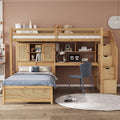 Twin Over Twin Loft Bed With Built In Desk And Staircase, With Storage Compartments And Shelves, Natural Twin Box Spring Not Required Natural Wood Pine