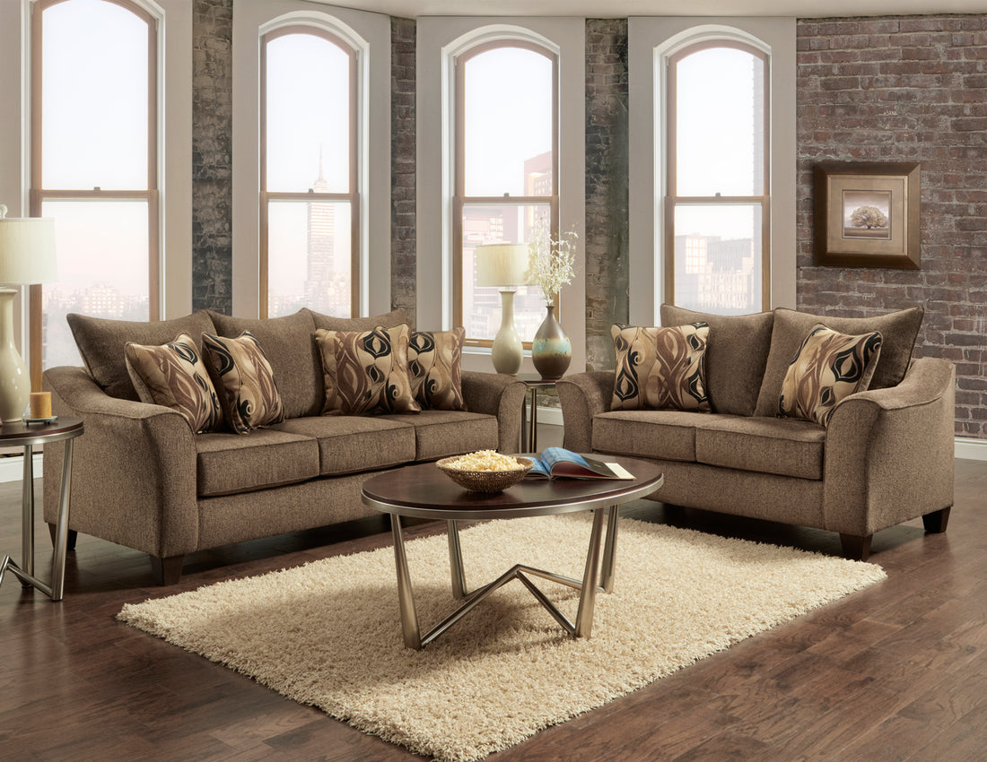 Camero Fabric Pillowback 2 Piece Living Room Set, Sofa And Loveseat, Brown Brown Espresso Polyester Wood Primary Living Space Medium Soft Pillow Back Contemporary Flared Arms Polyester 5 Seat