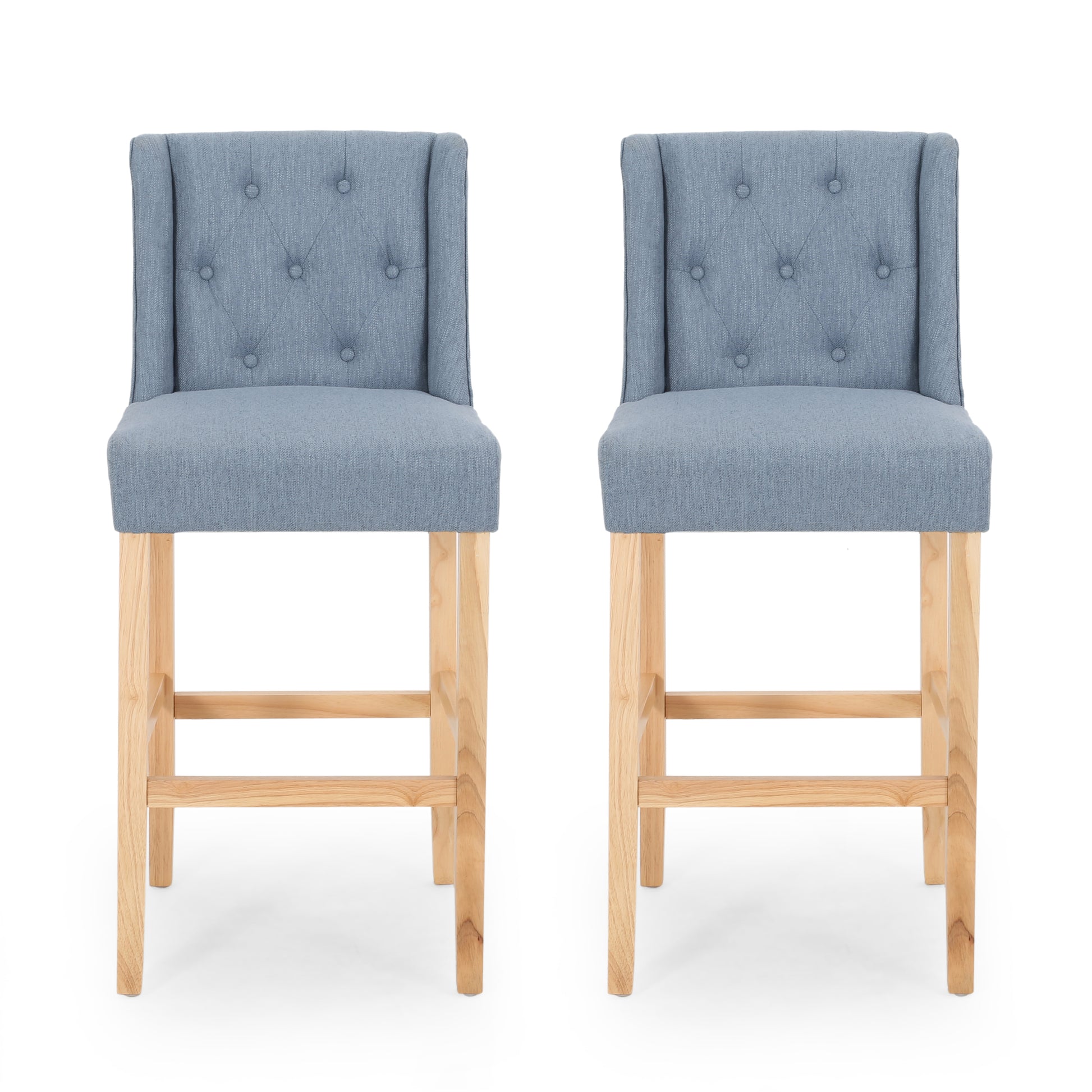 Vienna Contemporary Fabric Tufted Wingback 31 Inch Counter Stools, Set Of 2, Light Blue And Natural Light Blue Fabric