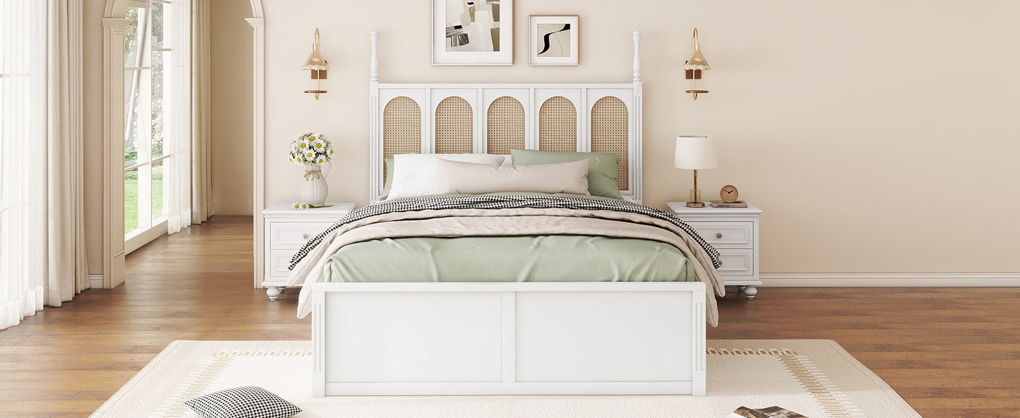 Queen Size Rattan Platform Bed With With 2 Big Drawers, T Size Trundle, White Queen White Plywood