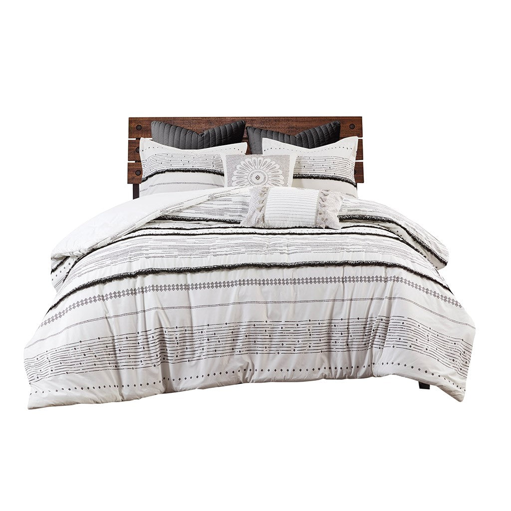 Cotton Printed Comforter Set With Trims Black White Full Queen Queen White Black Cotton