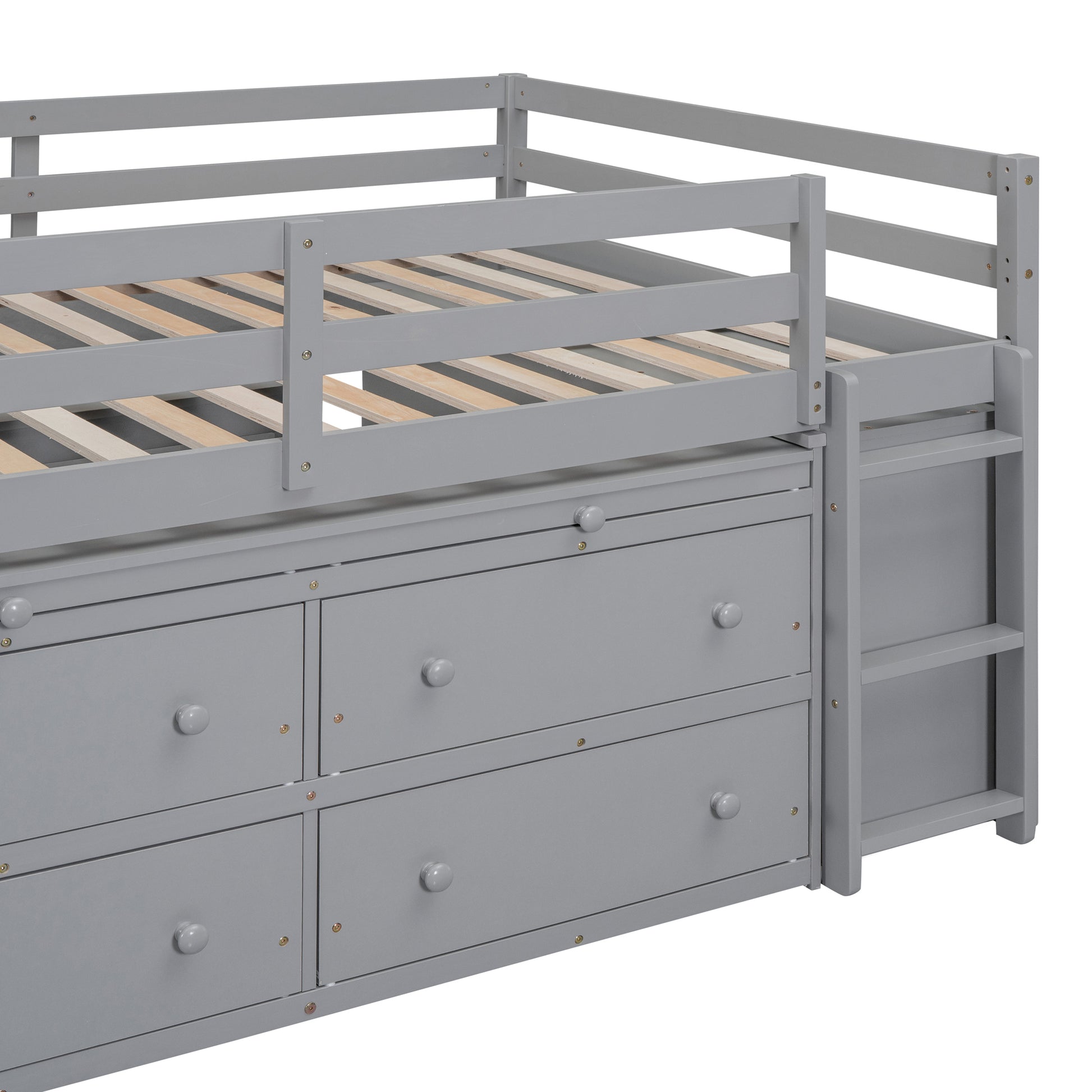 Full Size Loft Bed With Retractable Writing Desk And 4 Drawers, Wooden Loft Bed With Lateral Portable Desk And Shelves, Gray Full Gray Solid Wood Mdf