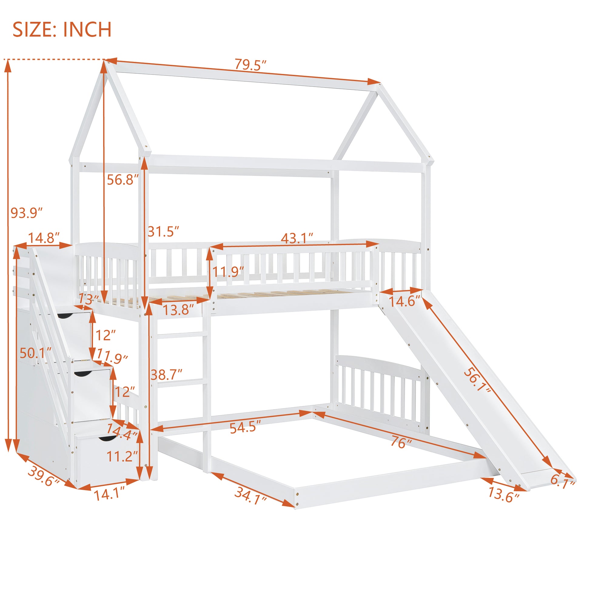 Twin Over Twin Bunk Bed With Two Drawers And Slide, House Bed With Slide, White Old Sku :Lt000129Aak White Pine