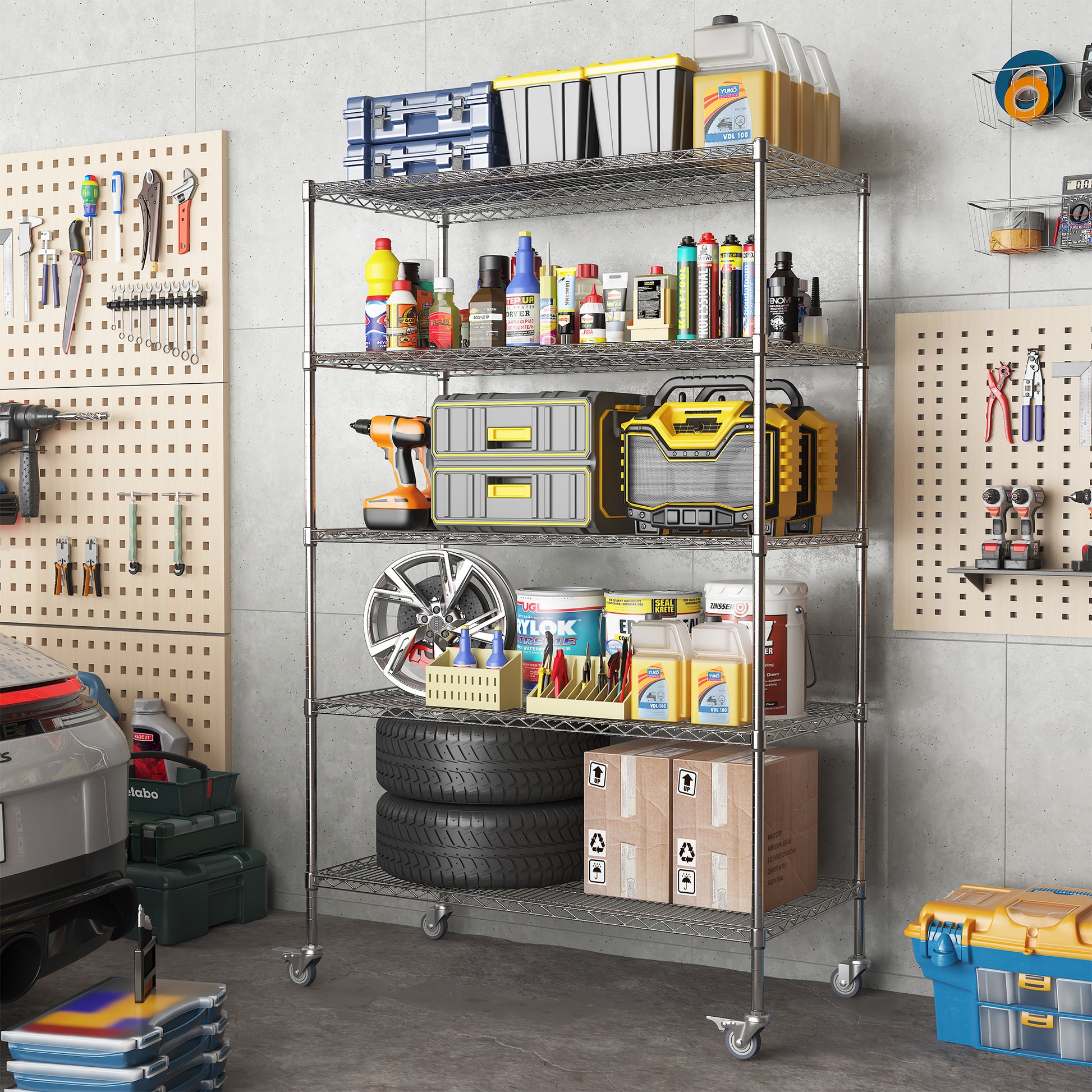 72" H Metal Large Storage Shelves With Wheels, Metal Shelving With Chrome, Adjustable 5 Tier Sturdy Metal Shelves For Storage Shelving,Kitchen,Garage 5 Silver Primary Living Space Metal Modern