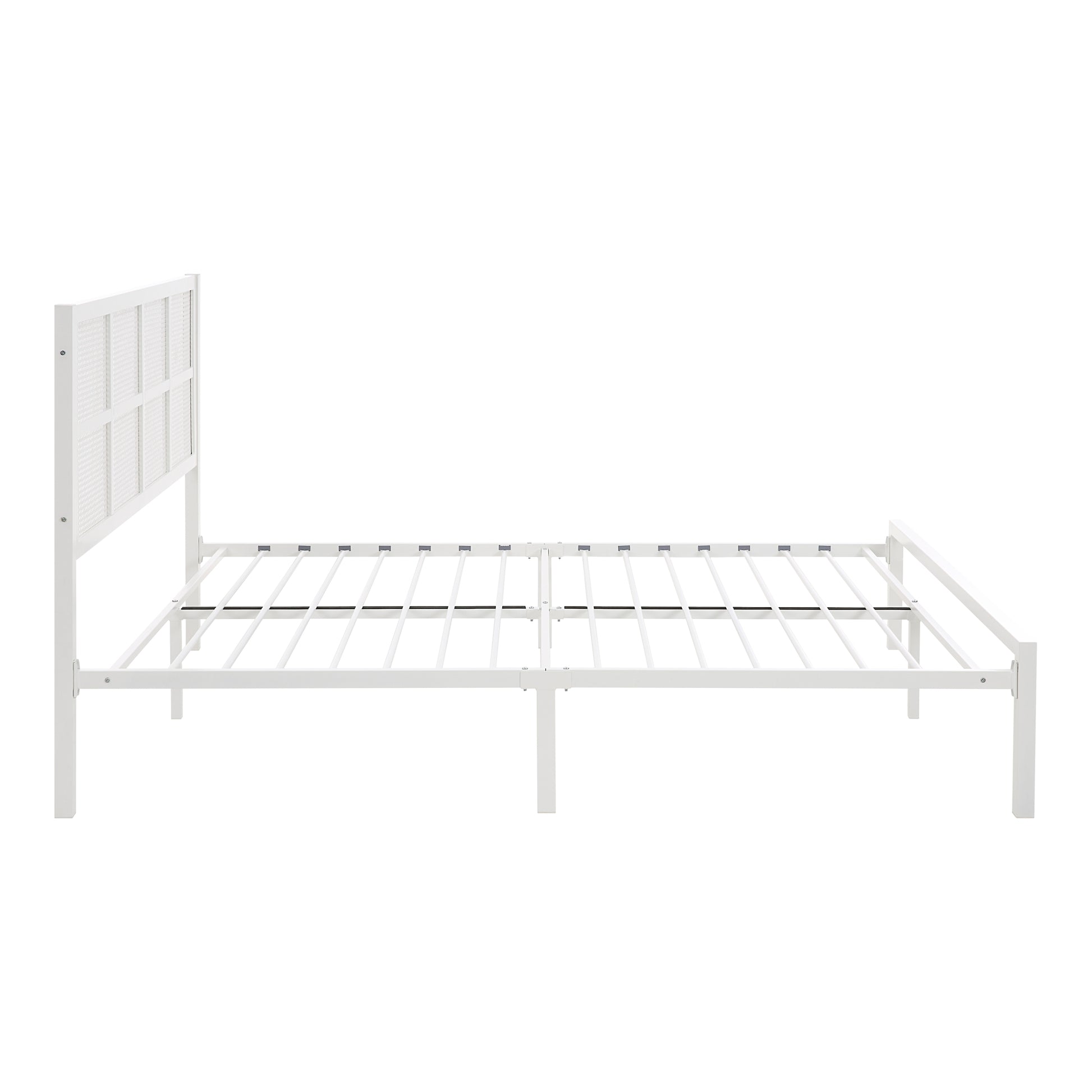 1Pc Queen Platform Bed, Metal Frame White Finish Faux Cane Panel Headboard Casual Coastal Bedroom Furniture, Bed In A Box Box Spring Not Required Queen White Metal Bedroom Casual,Coastal Metal