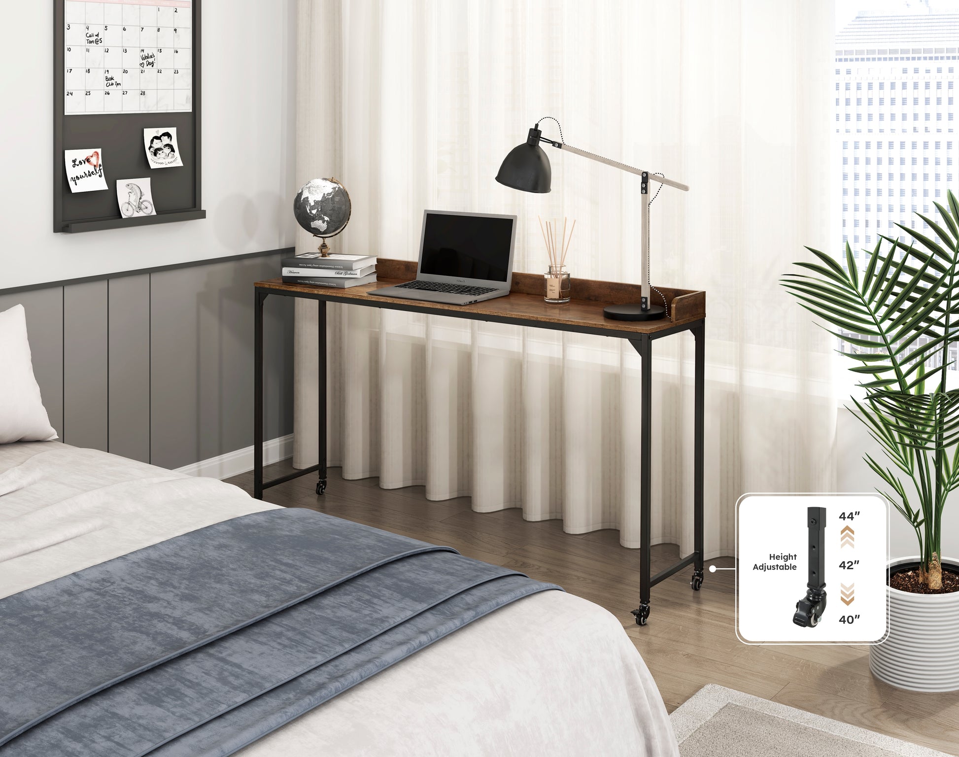 Rustic Brown Wood Finish Multipurpose Over The Bed Desk With Adjustable Height, Metal Legs With Casters, Overbed Table 1Pc, Laptop Table For Bed, Breakfast Table Rustic Brown Rectangular Engineered