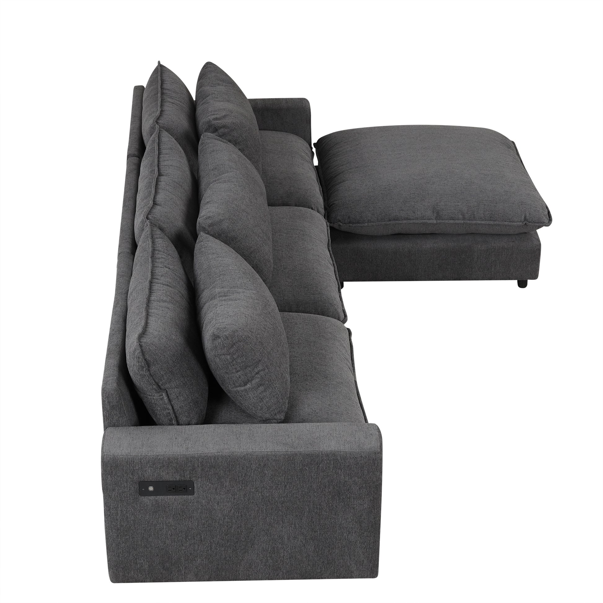 128" Sectional Sofa Cloud Sofa Chenille Upholstered Sofa Couch With Movable Ottoman, Comfortable Seat Cushions, Charging Ports And Three Back Pillows For Living Room, Grey Grey Foam Chenille 4 Seat